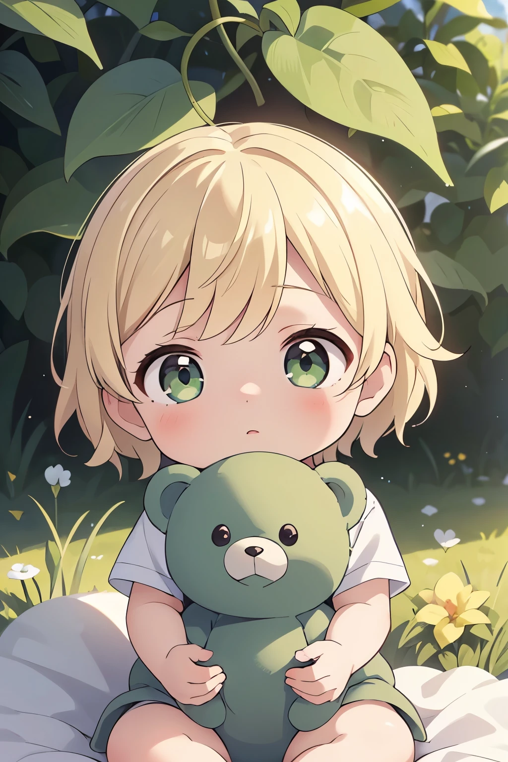 (high-quality, breathtaking),(expressive eyes, perfect face) portrait, Symmetrical Eyes, 1girl, female , solo, 3 month old, blonde hair, green coloured eyes, short hair, short hair length, baby face, sitting on a blanket, backyard background, stuffed bear toy, beautiful grass, garden