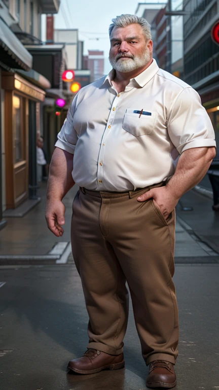 fat strong white middle aged man。 white open collared shirts 。brown chinos 。Full body portrait。Precise depiction。 highest resolution。Maximum number of pixels。 Best Picture Quality 。 hyperreal。 Photorealistic 。