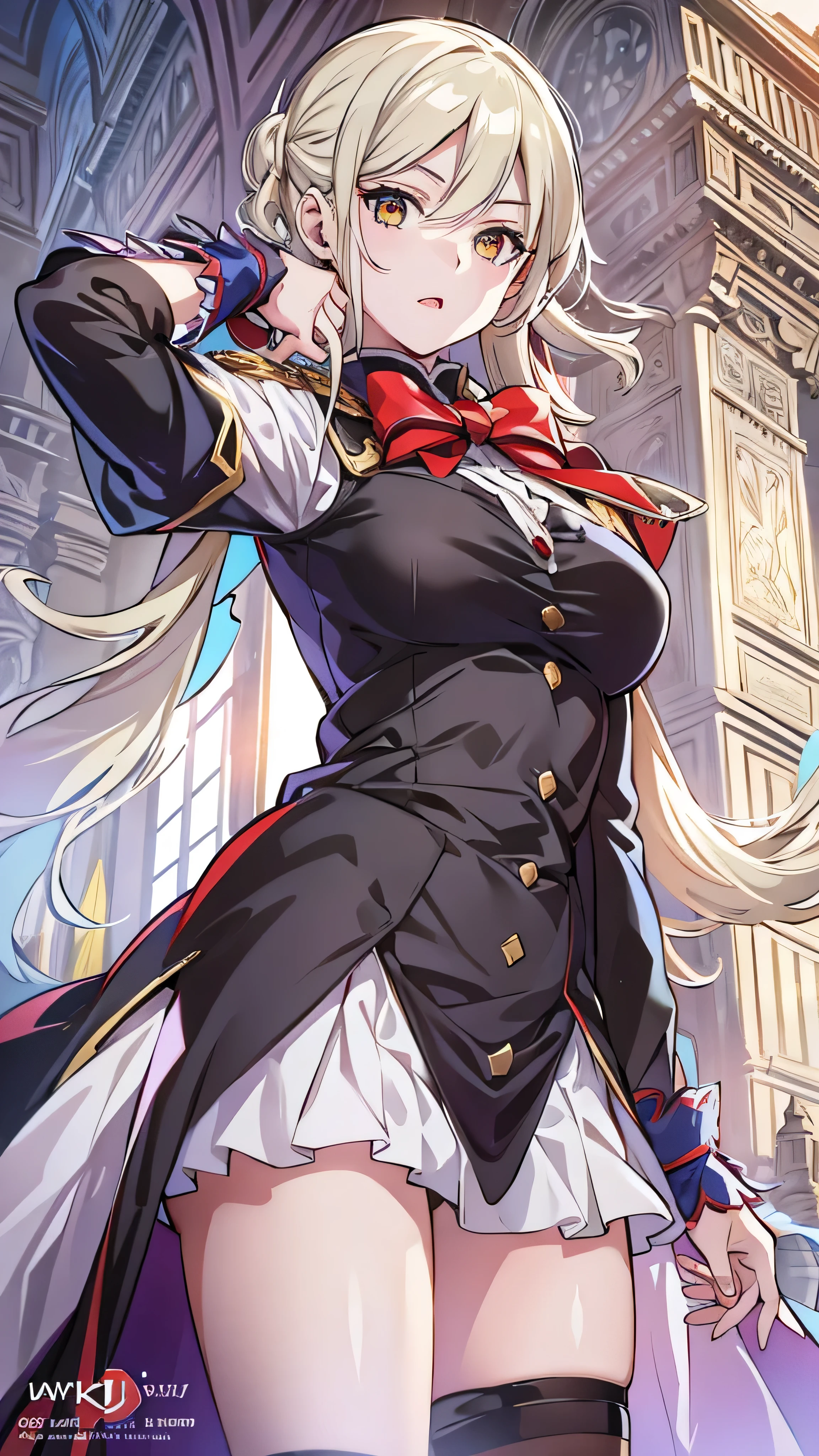  in high-definition images，Edelgard&#39;s photo_ Academy,  hair bow,  black jacket,  black dress,  ascot ,   seen from red pantyhose,  white gloves,  high heels, Walking on a battlefield ,  moonlight,  full moon, young, Teen, ( skinny),  small ,  small,  1 girl, (((3d,  video game ))),masterpiece,  top quality ,  complicated details,  8K Ultra HD ,  perfect face,  perfect eyes