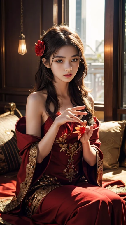 Full figure, seven -clinging shooting, 18 years old, wearing firefly clothes, exquisite faces, details, hands, ultimate details, amazing magnificence, Pedaipan style, fiber hair, glowing red iris, glowing red iris, sitting,
