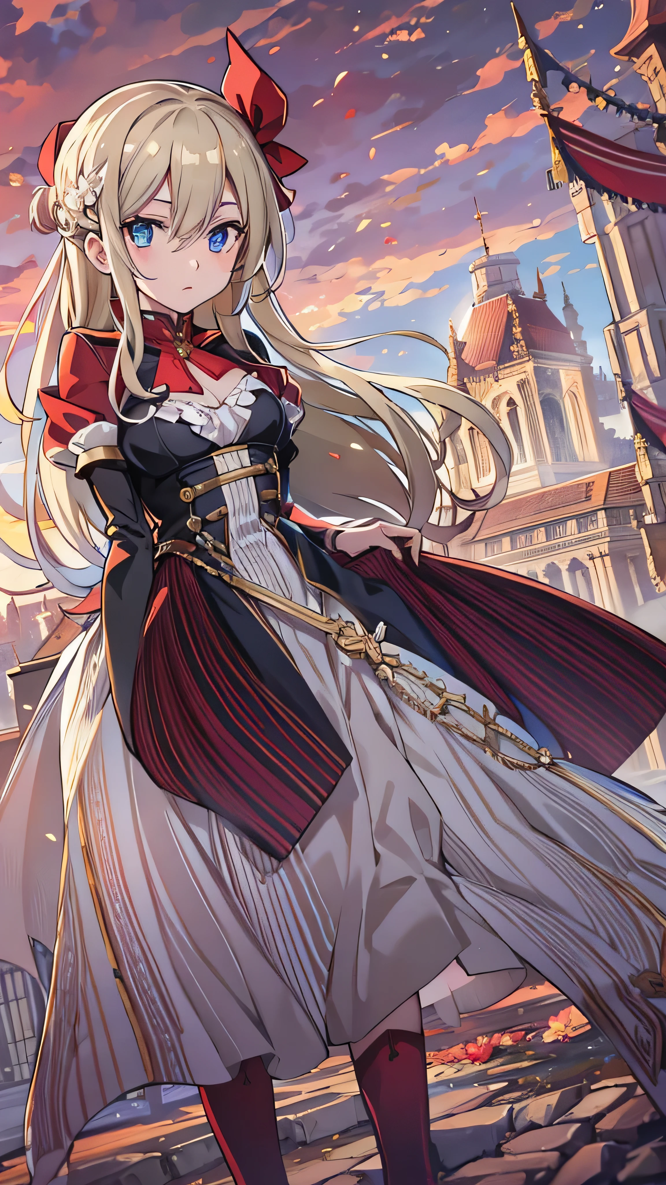  in high-definition images，Edelgard&#39;s photo_ Academy,  hair bow,  black jacket,  black dress,  ascot ,   seen from red pantyhose,  white gloves,  high heels, Walking on a battlefield ,  moonlight,  full moon, young, Teen, ( skinny),  small ,  small,  1 girl, (((3d,  video game ))),masterpiece,  top quality ,  complicated details,  8K Ultra HD ,  perfect face,  perfect eyes