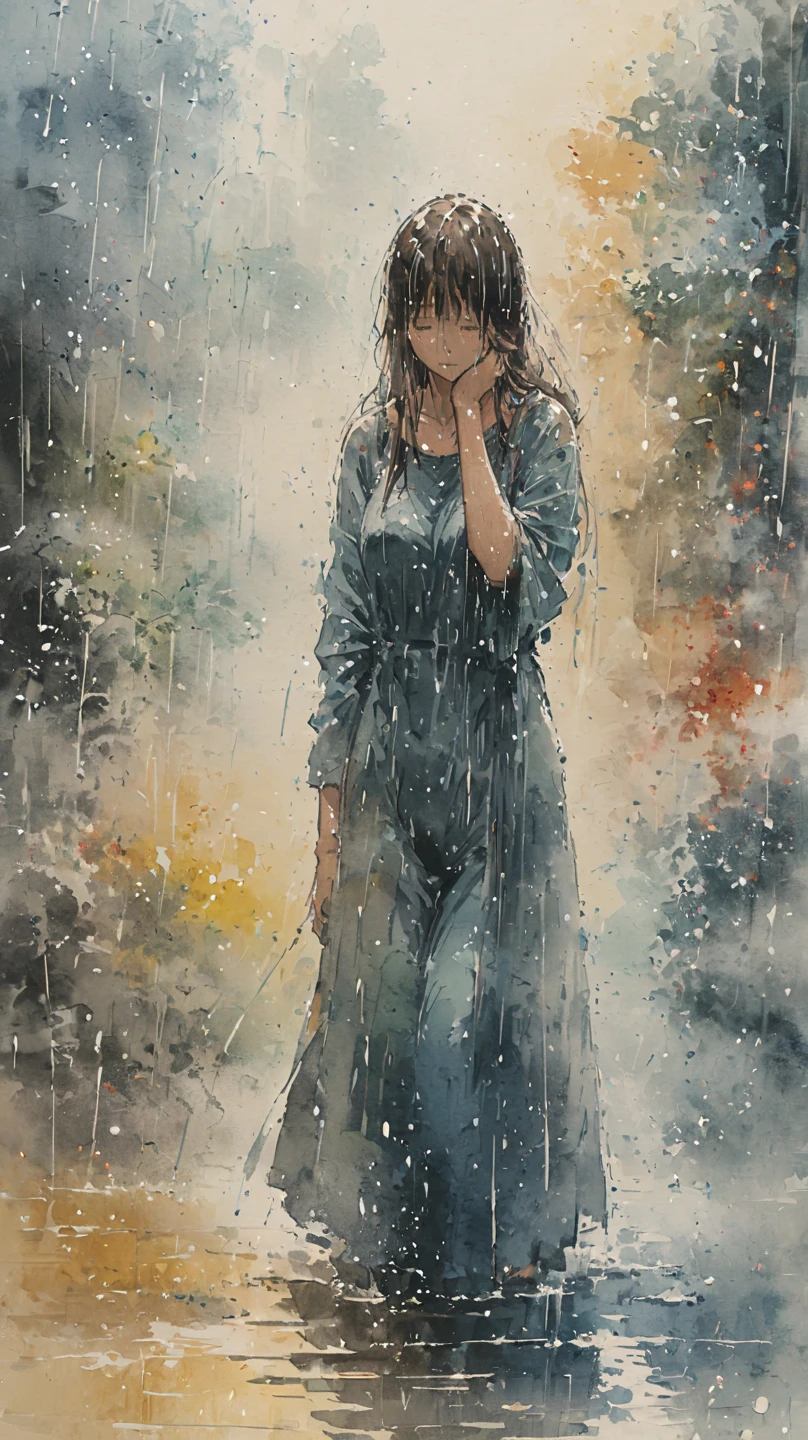 watercolor painting of a woman in one-piece in the rain. full body shot of the woman who is soaked under the rain. he tilts his head up to face the rain, the rainwater flows down his face. he is walking in the street, holding his hands out to feel the rain. watercolor brushes stroke painting style. the sky is dark.