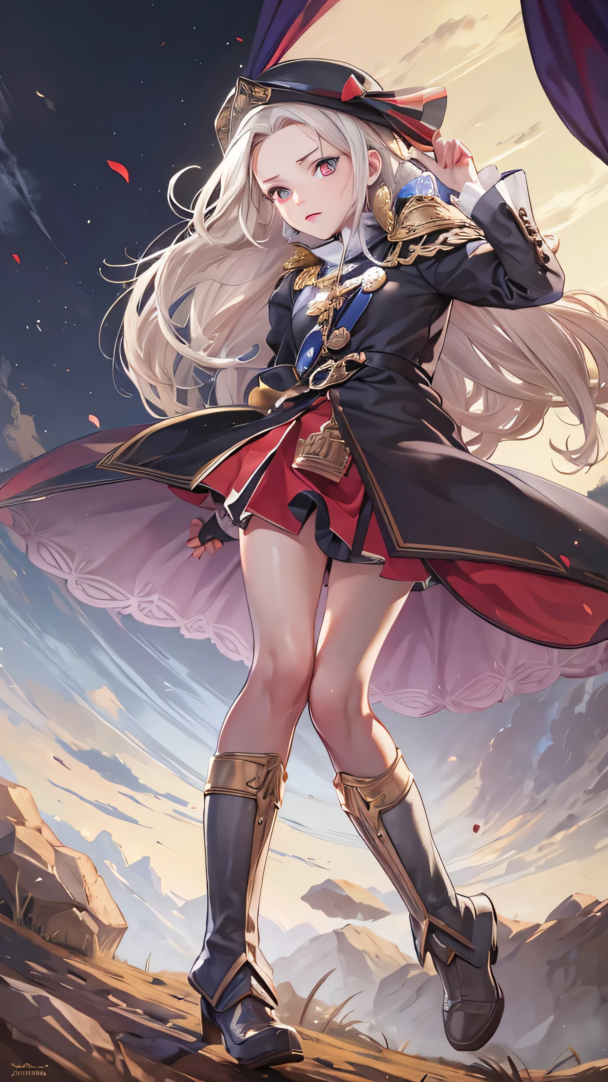  in high-definition images，Edelgard&#39;s photo_ Academy,  hair bow,  black jacket,  black dress,  ascot ,   seen from red pantyhose,  white gloves,  high heels, Walking on a battlefield ,  moonlight,  full moon, young, Teen, ( skinny),  small ,  small,  1 girl, (((3d,  video game ))),masterpiece,  top quality ,  complicated details,  8K Ultra HD ,  perfect face,  perfect eyes