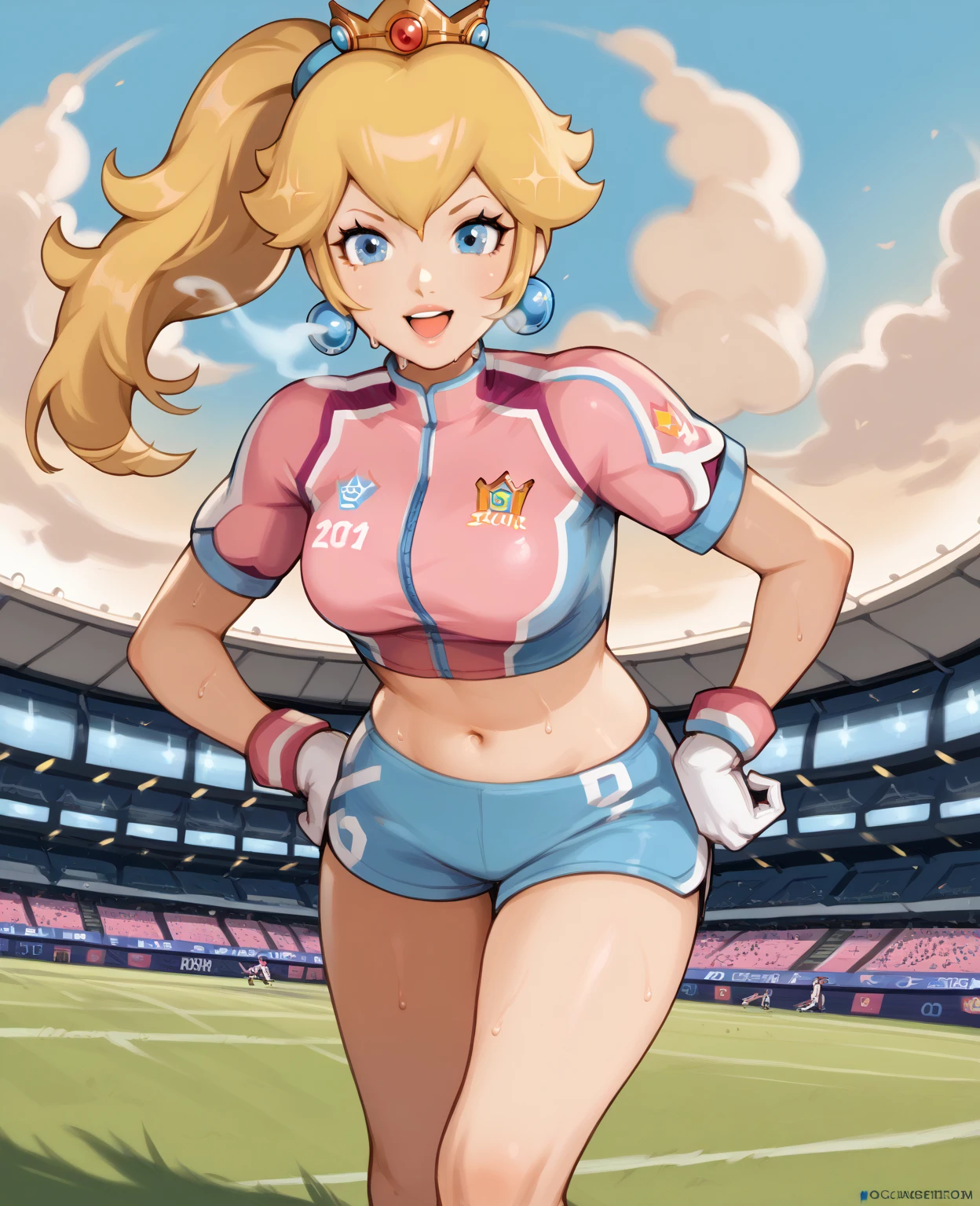 score_9, score_7_up, solo, 1girl, IncrsPchStriker, smirk, looking at you, running, long hair, blonde hair, blue eyes, ponytail, sportswear, midriff, crop top, navel, soccer uniform, short sleeves, short shorts, pink shirt, white gloves, crown, jewelry, earrings, blue sky, cloud, outdoors, stadium, grass, out of breath, sweaty, sweating, tired exporession, open mouth, hands on hips