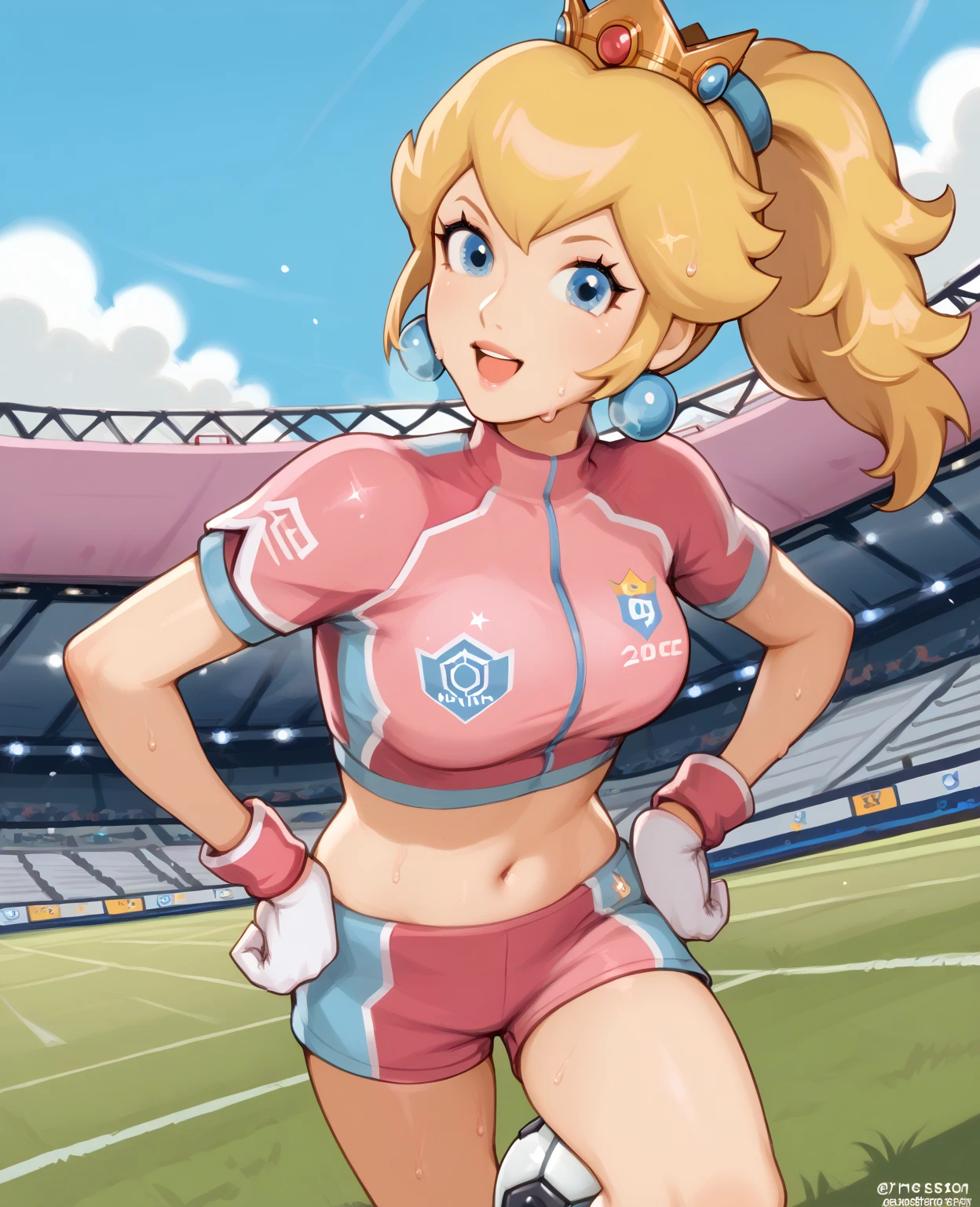 score_9, score_7_up, solo, 1girl, IncrsPchStriker, smirk, looking at you, running, long hair, blonde hair, blue eyes, ponytail, sportswear, midriff, crop top, navel, soccer uniform, short sleeves, short shorts, pink shirt, white gloves, crown, jewelry, earrings, blue sky, cloud, outdoors, stadium, grass, out of breath, sweaty, sweating, tired exporession, open mouth, hands on hips