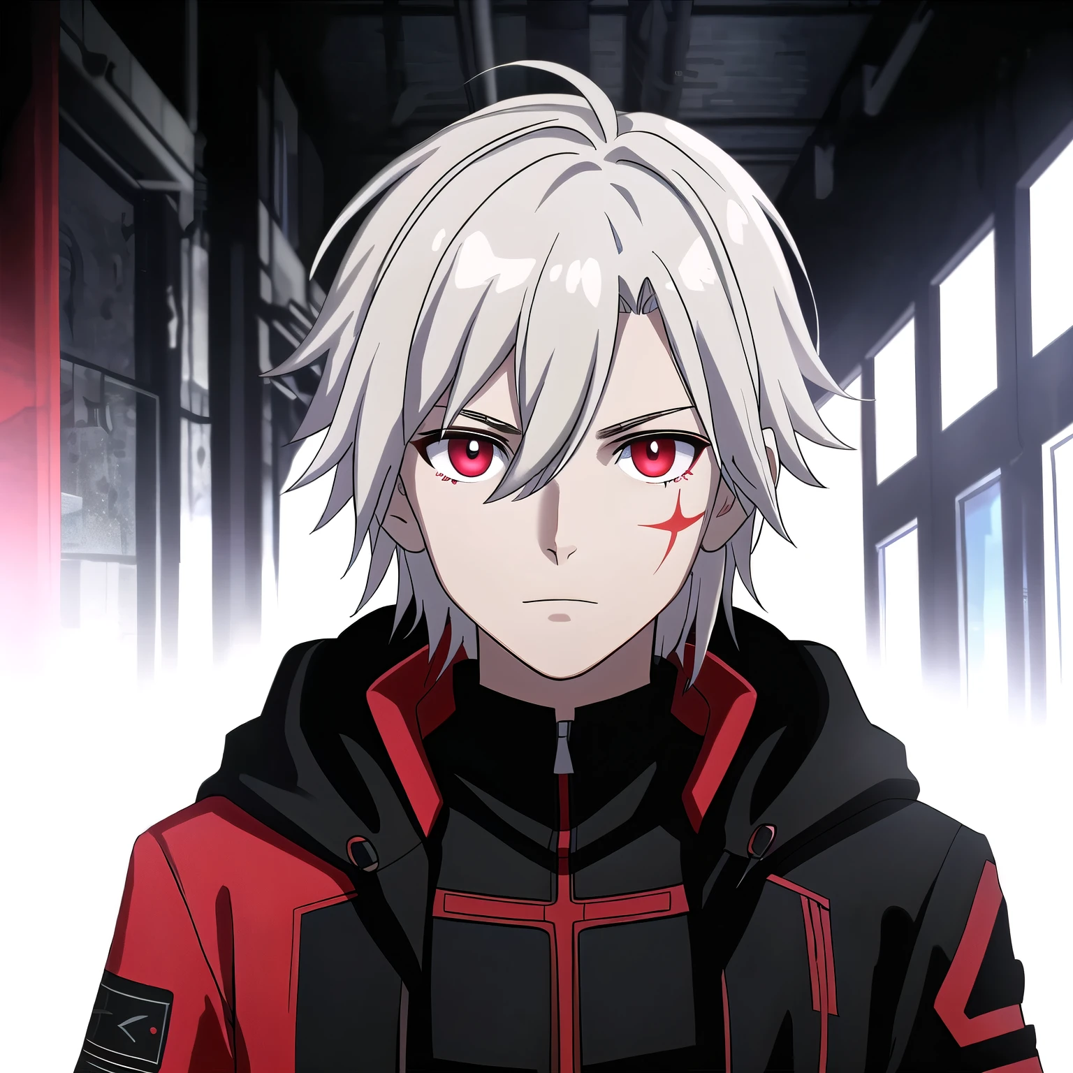 (high-quality, breathtaking),(expressive eyes, perfect face) portrait, Symmetrical Eyes, 1boy, male, teenager, solo, looking at viewer, portrait, simple background, white background, apocalyptic theme, ruined city buildings, alleyway, allen walker, red eye color, white hair, scar, facial mark, halfbody shot, medium hair length, neutral expression, charming, black and red jacket, hood, red trim, soft smile, cyberpunk clothing, Abzu
