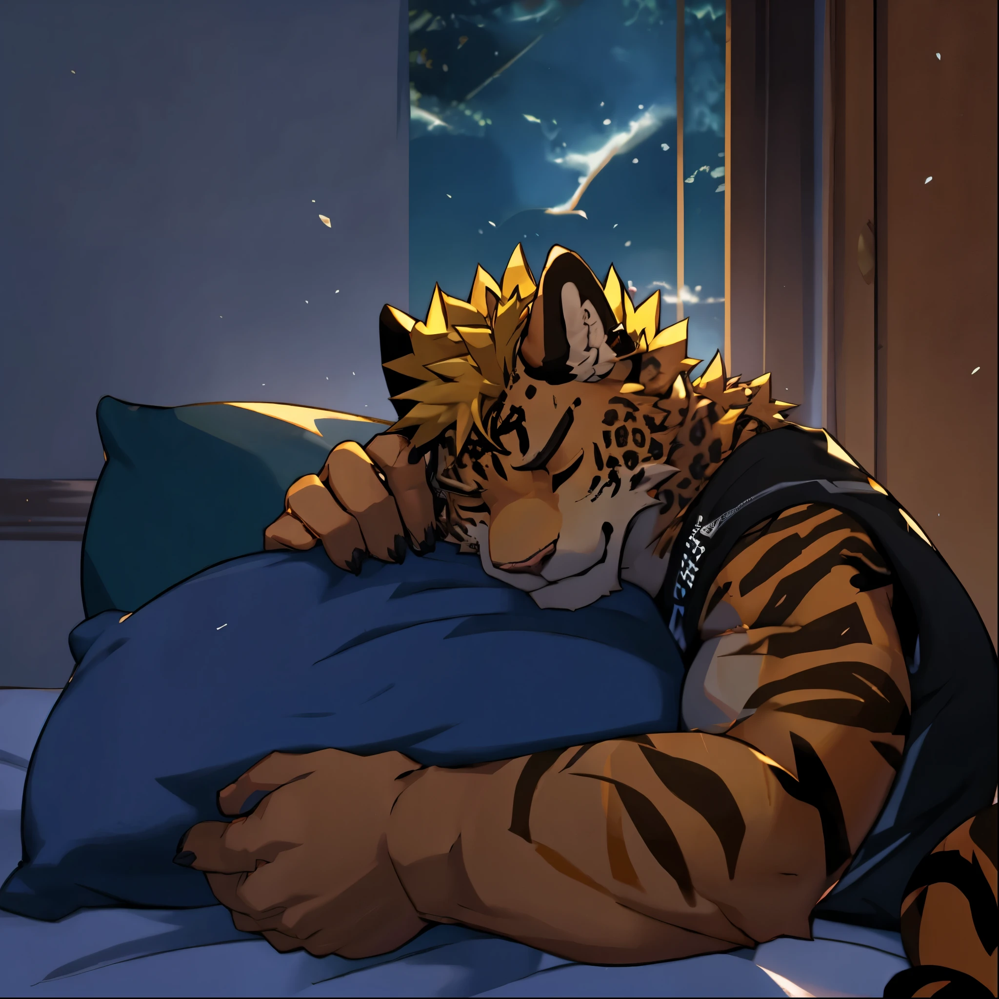 Beautiful, dark, juvenile, tearful, golden fur, golden hair, leopard, eyes closed, sleeping, holding a pillow, wearing a fashionable short sleeve, in the room, there is a light on.