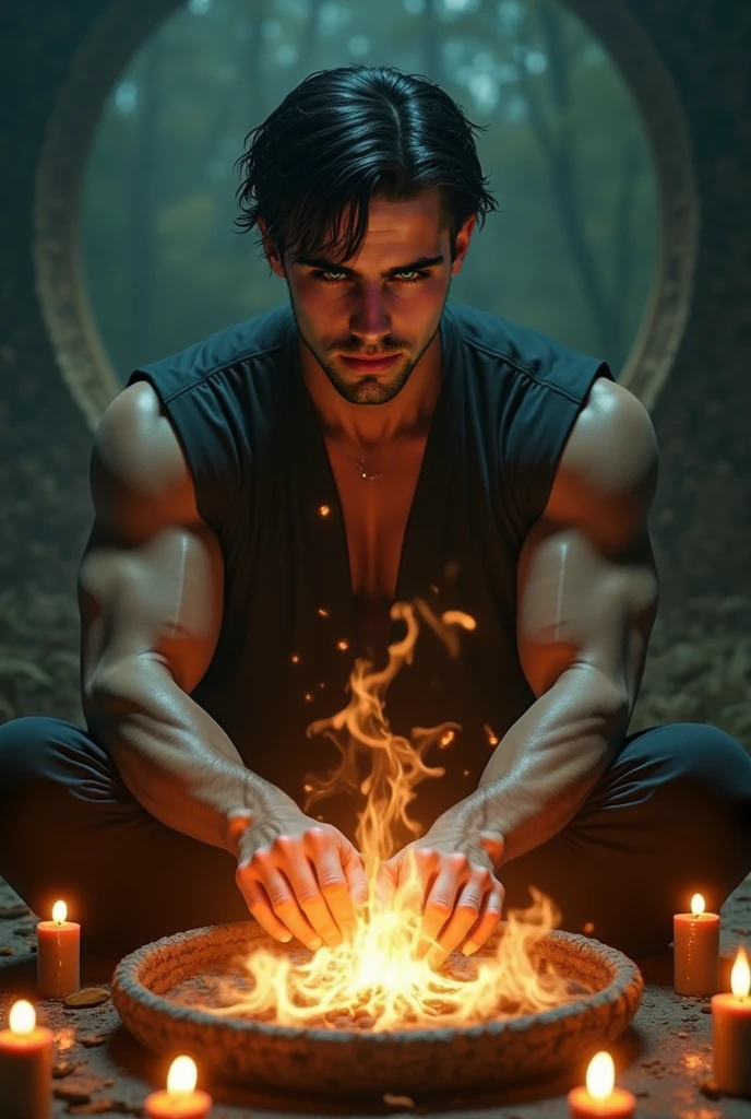 Logan Jensen, fit body, dressed in boxers and topless. (kneeling in the jungle in the dark surrounded by (many small candles)). Digital painting, artstation, concept art, soft focus, sharp, illustration.