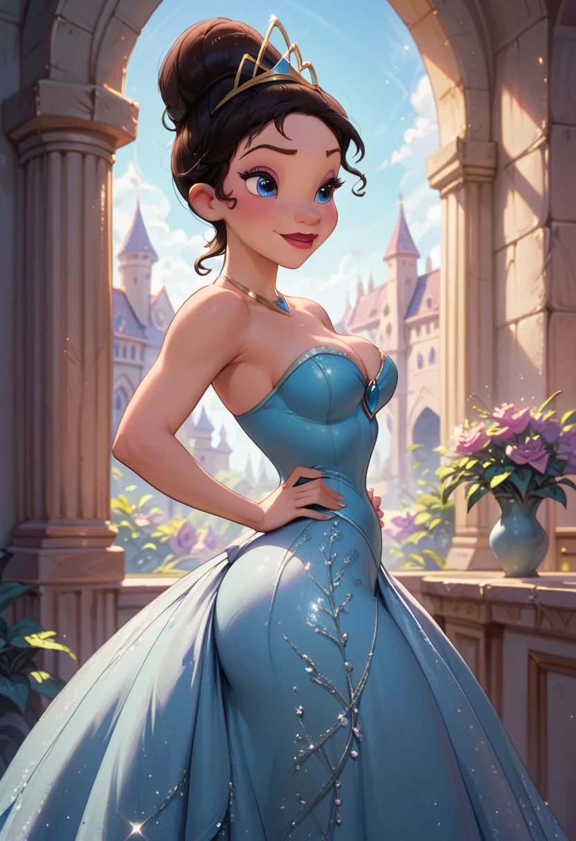 Princess Tiana ( Disney ), deep cleavage, standing in a Disney castle garden, wearing a beautiful blue gown with laced embroidery, side view , her hands on her hips, big butt