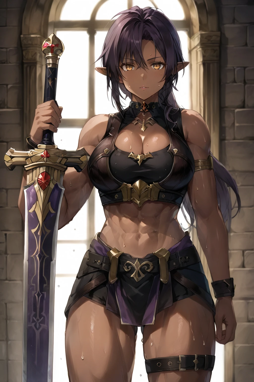 source_anime, best quality, masterpiece, (dark skin woman:1), solo,, dark purple hair, bare shoulders, sleeveless, cleavage, bare arms, looking at viewer, (black bikini armor), cleavage cutout, (dark skin:1.3), castle, (muscular thick legs:1), (very thick thighs), choker, pointy ears, middle hair, amber eyes, (sweat:1.3), standing, clear face, (cowboy shot:1.3), low ponytail, leg belt, planted-short sword, holding_sword,