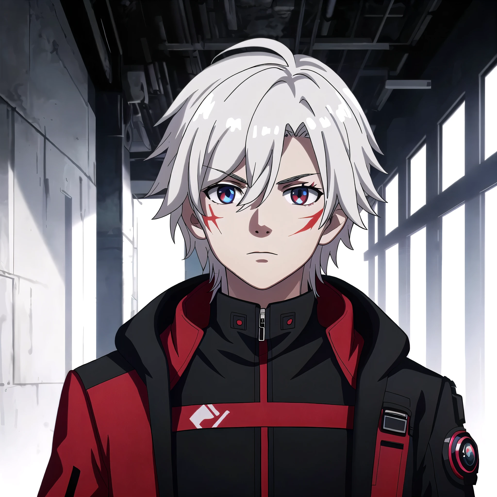 (high-quality, breathtaking),(expressive eyes, perfect face) portrait, Symmetrical Eyes, 1boy, male, teenager, solo, looking at viewer, portrait, simple background, white background, apocalyptic theme, ruined city buildings, alleyway, allen walker, red eye color, white hair, scar, facial mark, halfbody shot, medium hair length, neutral expression, charming, black and red jacket, hood, red trim, soft smile, cyberpunk clothing, Abzu
