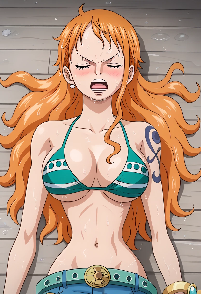 ship deck detailed background, masterpiece, 4k, epic, best quality, late youth, adult, milf, athlete body, 1girl, ((wide open mouth, on deck floor, completely lying down, lying down on her back, knocked out, closed eyes, left hand straight left, right hand straight right)) , solo, nami \(one piece\), 1girl, bangle, (very wet, drenched in sweat, sweat all over body, very missy hair, tired, open mouth, exhausted, sweaty face, sweaty body, bruises, injury, feeling hot, sweating too much, blushing, shiny sweat, serious, hurt, glaring, closed eyes, looking up, perfect detailed face, round face, sweat on face) bold drawing lines, muscular arms, detailed bold arm lines, flat jaw, adult woman, wavy wide streaked bangs, floating bang, (big cheeks), bare shoulders, off-shoulders, belt, bikini, bikini top only, bracelet, springy breasts, breast lines, big round eyes, very big brown shiny eyes, bubbles, high eye position, cleavage, day, denim, earrings, floating hair, shiny hair, green belt, green bikini, bold groin lines, jeans, jewelry, medium breasts, log pose, long hair, looking at viewer, long navel, wet hair, orange hair, pants, shoulder tattoo, sidelocks, sky, solo, stomach, swimsuit, tattoo, detailed arms, big forehead, hourglass figure, small head, toned body, wide hair, wind effect, sun effect, under the sun, narrow small ears angle, older, top view shot, legs spread,