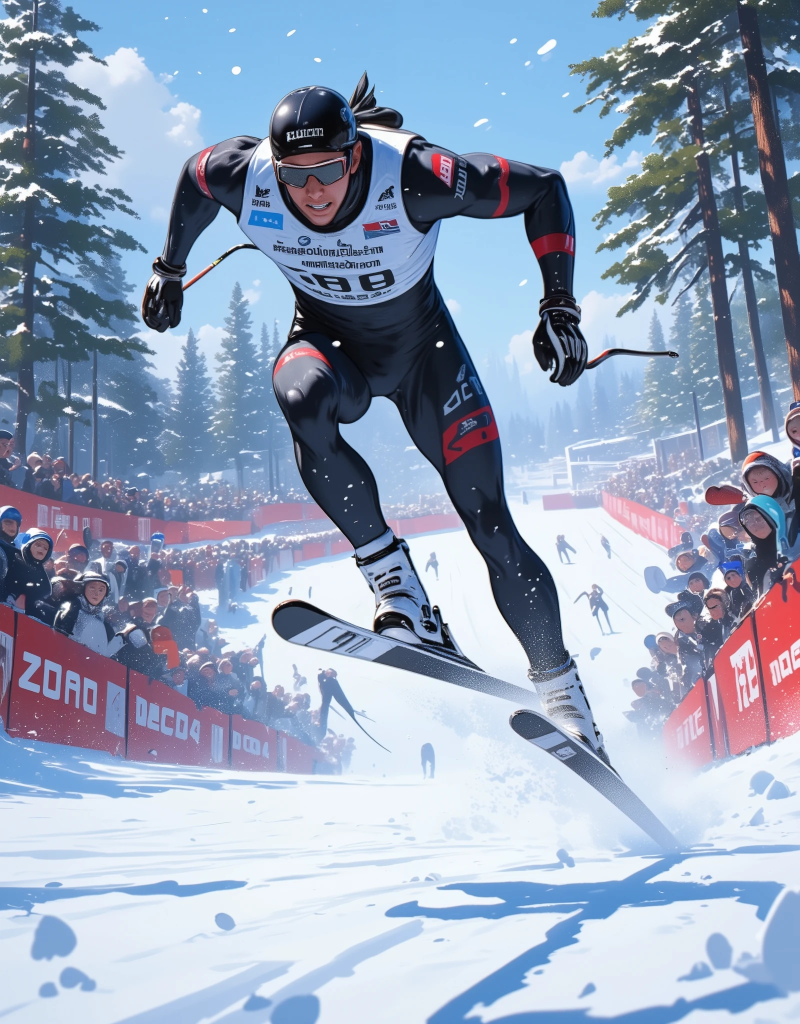 Nordic skiing, Male athlete jumping on a competition course, Snow is falling, Athlete Snapshot ,  lots of spectators , 