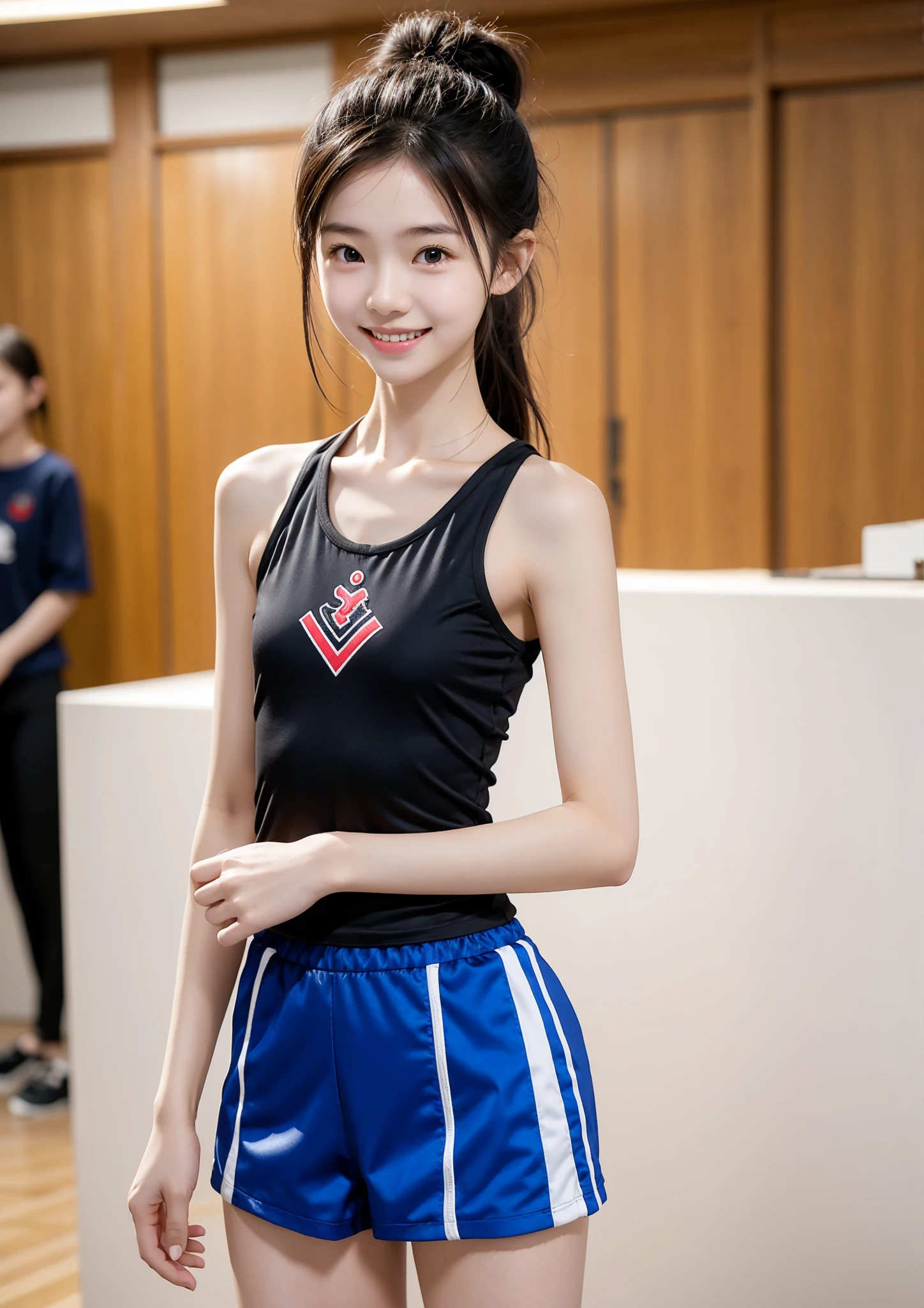 laos teen rhythmic gymnast girl, 1 girl, (very slim anorexic slender skinny body:0.6); skinny,small (130cm),from top,smile,small hip,chignon hair