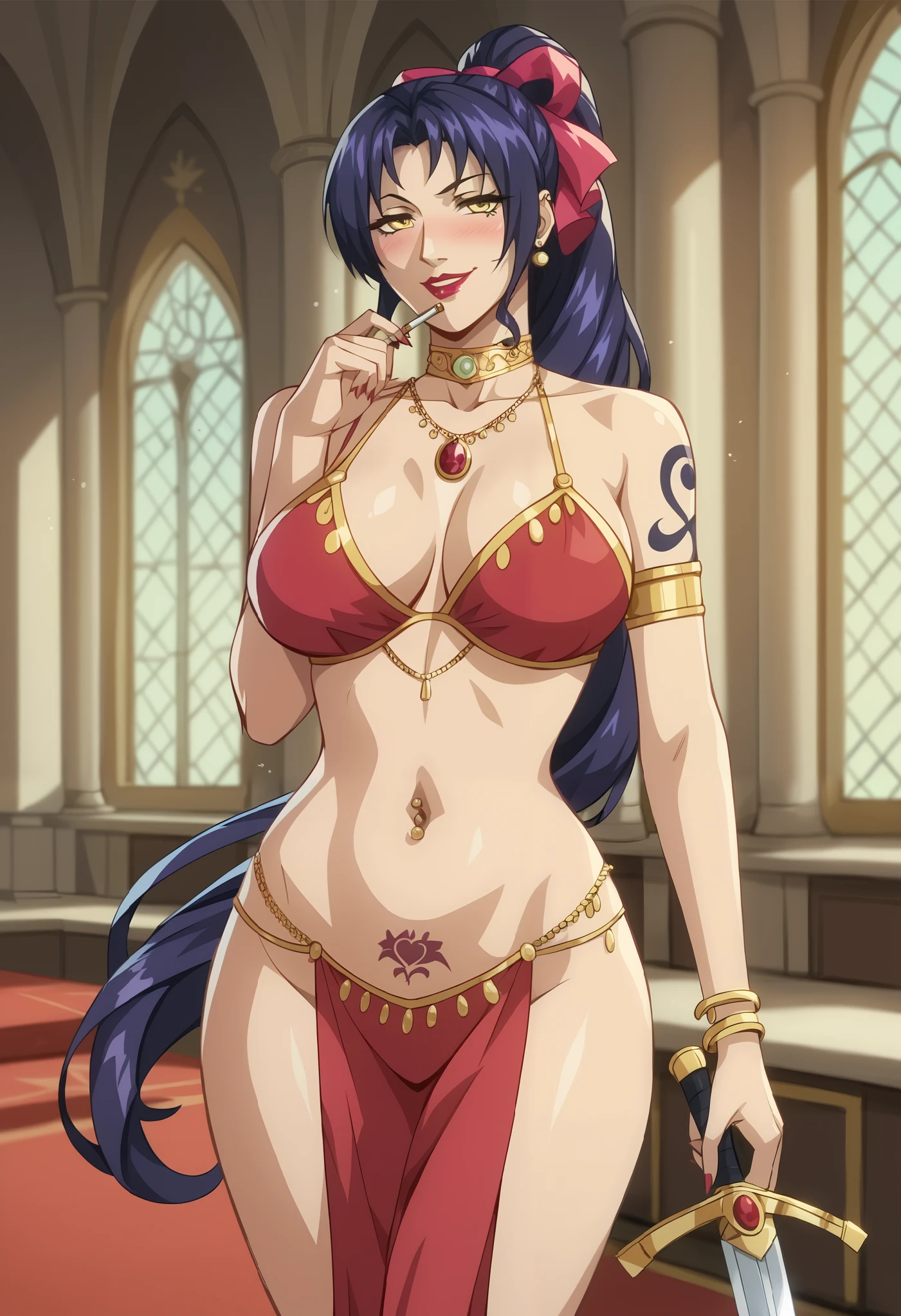 score_9, score_8_up, score_7_up, score_6_up, uncensored, , bloom, BREAK
Kozono Nami, 1girl, solo, smirk, parted lips,
yellow eyes, long hair, purple hair, high ponytail, hair ribbon, ear piercing, long hair, blush, lipstick,Hot girl, baddie, smoking, sensual, attractive, castle,inside castle, masterpiece, best quality, highly detailed ,gold_choker, complex detailed
background,
inside, , holding a sword, sword, belly_chain,harem_outfit,navel, necklace,
pelvic_curtain,revealing_clothes, veil，masterpiece,best quality,1girl,mature,evil smile, smile,
female,mature,necklace,pendant, (nsfw) not safe for work, exposed belly, exposed navel, exposed
midriff, exposed lower belly,, dragon tattoo , shiny skin, tattoo , tattoo midriff, rose tattoo, navel piercing