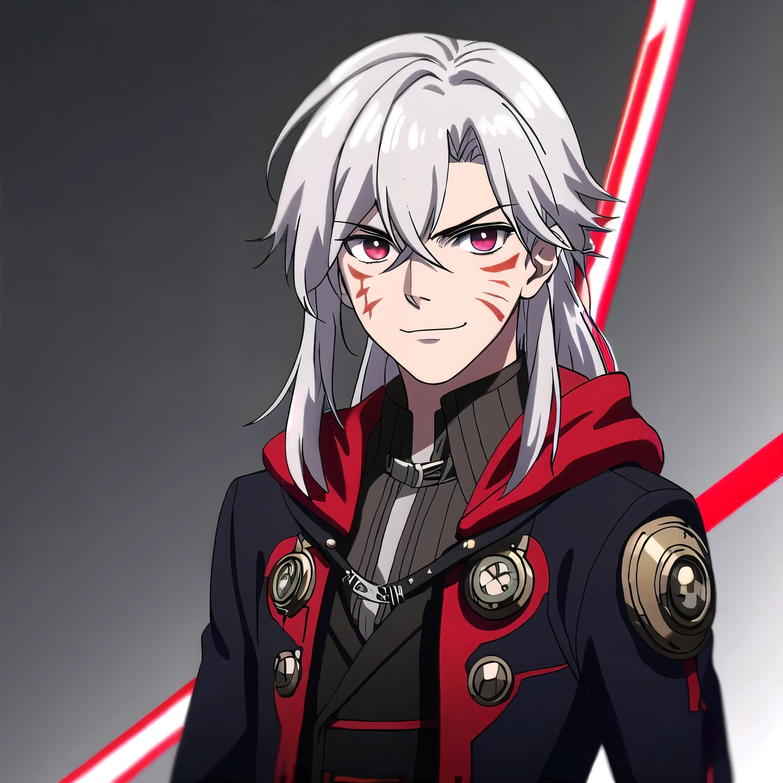 (high-quality, breathtaking),(expressive eyes, perfect face) portrait, Symmetrical Eyes, 1boy, male, teenager, solo, looking at viewer, portrait, grey background, allen walker, red eye color, white hair, scar, facial mark, halfbody shot, long hair length, confident expression, charming, black purple jacket, hood, red trim, smirk, steampunk clothing
