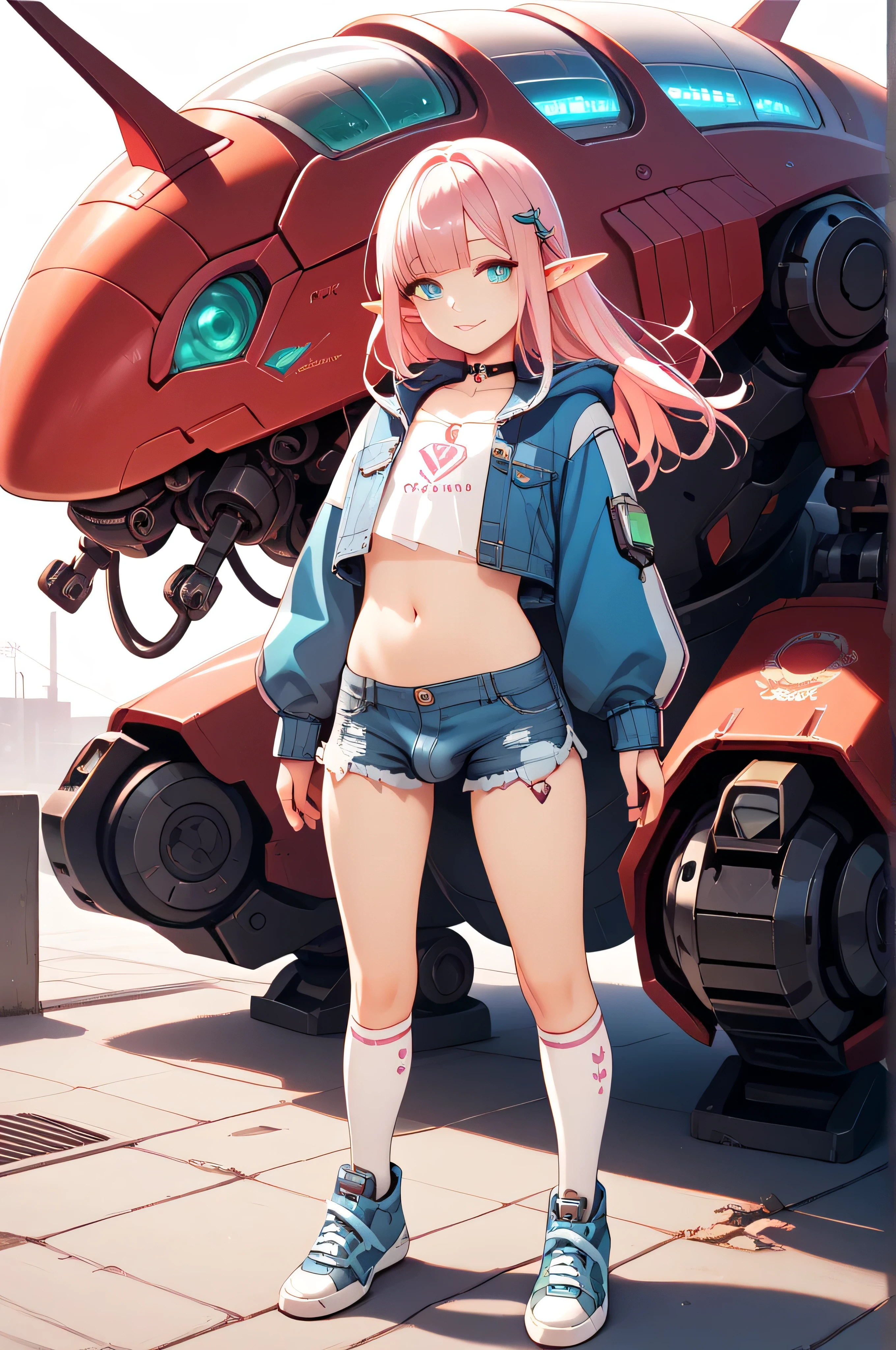 (((best quality))), (((masterpiece))), spacecraft_hangor(((a giant robot))), elf, 17years old, otoko no ko, femboy, girly,  pink_hair, straight_long_hair, turquoise_eyes, thin_lips, crossdressing, casual jacket, crop_top, focus navel, bulge, lowleg_shorts,thigh_high_socks, sneakers, (((cyberstyle wear))), uncensored, fullbody, light smile, 