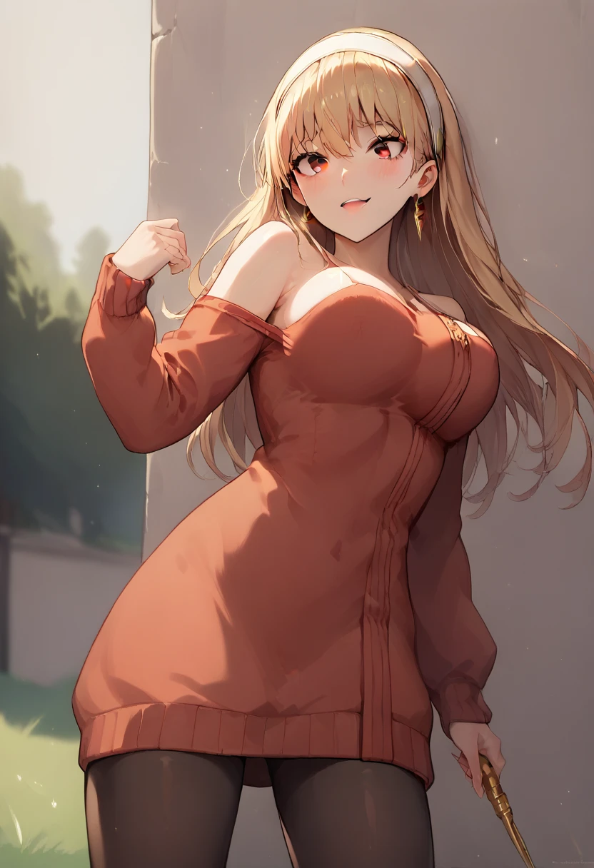 masterpiece, best quality, highres, bbyorf, long hair, white hairband, red eyes, gold earrings, ((big breasts)), jewelry, off shoulder, red sweater, sweater dress, long sleeves, black pantyhose,lifting dress showing her panties,cowboy shot, standing, outdoors