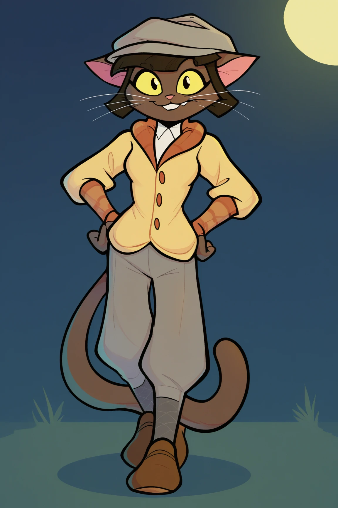 score_9, score_8_up, solo, 1girl, ovypep, cabbie hat, looking at viewer, plaid socks, brown shoes, grey pants, white shirt, yellow cardigan, smile, standing, night, dark, dark skin, anthro cat, whiskers, hands on hips