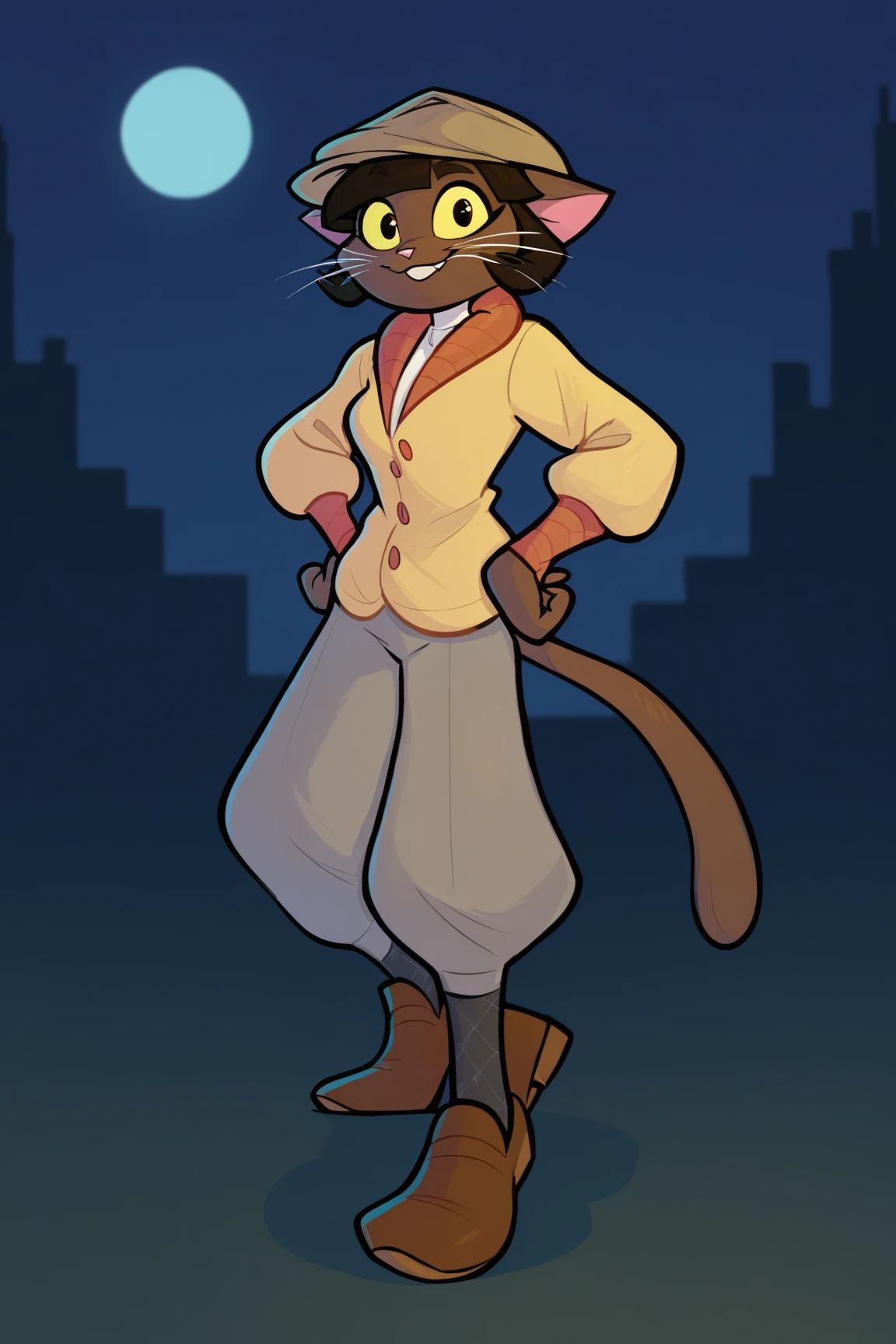 score_9, score_8_up, solo, 1girl, ovypep, cabbie hat, looking at viewer, plaid socks, brown shoes, grey pants, white shirt, yellow cardigan, smile, standing, night, dark, dark skin, anthro cat, whiskers, hands on hips