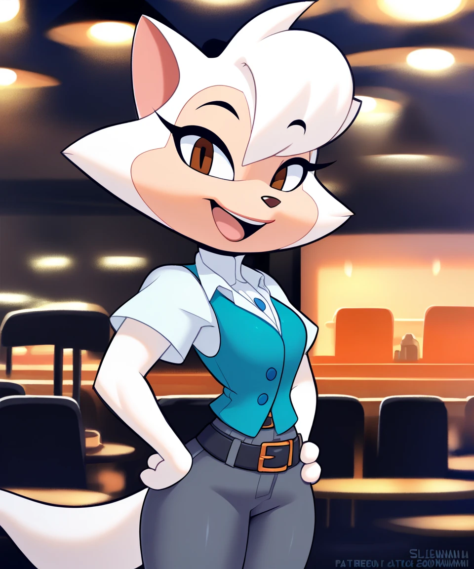 source_furry, solo, sawyer, female, brown eyes, open smile, looking at viewer, restaurant, white collared shirt, blue vest, black belt, gray pants, short sleeves, black shoes, eye lashes, smile, hands on hips, half body, by sssonic2,by sigma_x,by kilinah, score_9, score_8_up, score_7_up, score_6_up, score_5_up, score_4_up