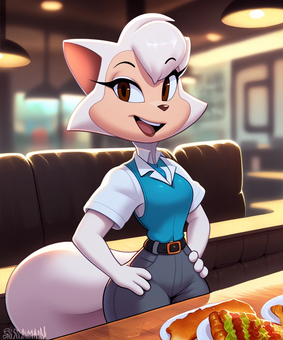 source_furry, solo, sawyer, female, brown eyes, open smile, looking at viewer, restaurant, white collared shirt, blue vest, black belt, gray pants, short sleeves, black shoes, eye lashes, smile, hands on hips, half body, by sssonic2,by sigma_x,by kilinah, score_9, score_8_up, score_7_up, score_6_up, score_5_up, score_4_up