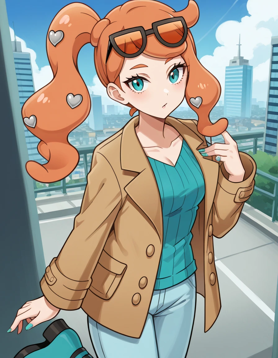 score_9, score_8_up, score_7_up, source_anime,
pokemonsonia, pokemonsonia, aqua eyes, heart, heart hair ornament, long hair, long sleeves, orange hair, side ponytail, swept bangs,
aqua footwear, aqua nails, aqua shirt, brown coat, brown jacket, coat, collarbone, eyewear on head, jacket, long sleeves, orange-tinted eyewear, pants, ribbed shirt, shirt, sunglasses, tinted eyewear,
outdoors, cityscape,
looking at viewer, cowboy shot, dutch angle,