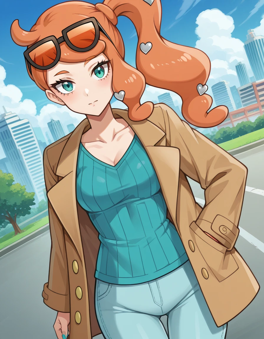 score_9, score_8_up, score_7_up, source_anime,
pokemonsonia, pokemonsonia, aqua eyes, heart, heart hair ornament, long hair, long sleeves, orange hair, side ponytail, swept bangs,
aqua footwear, aqua nails, aqua shirt, brown coat, brown jacket, coat, collarbone, eyewear on head, jacket, long sleeves, orange-tinted eyewear, pants, ribbed shirt, shirt, sunglasses, tinted eyewear,
outdoors, cityscape,
looking at viewer, cowboy shot, dutch angle,