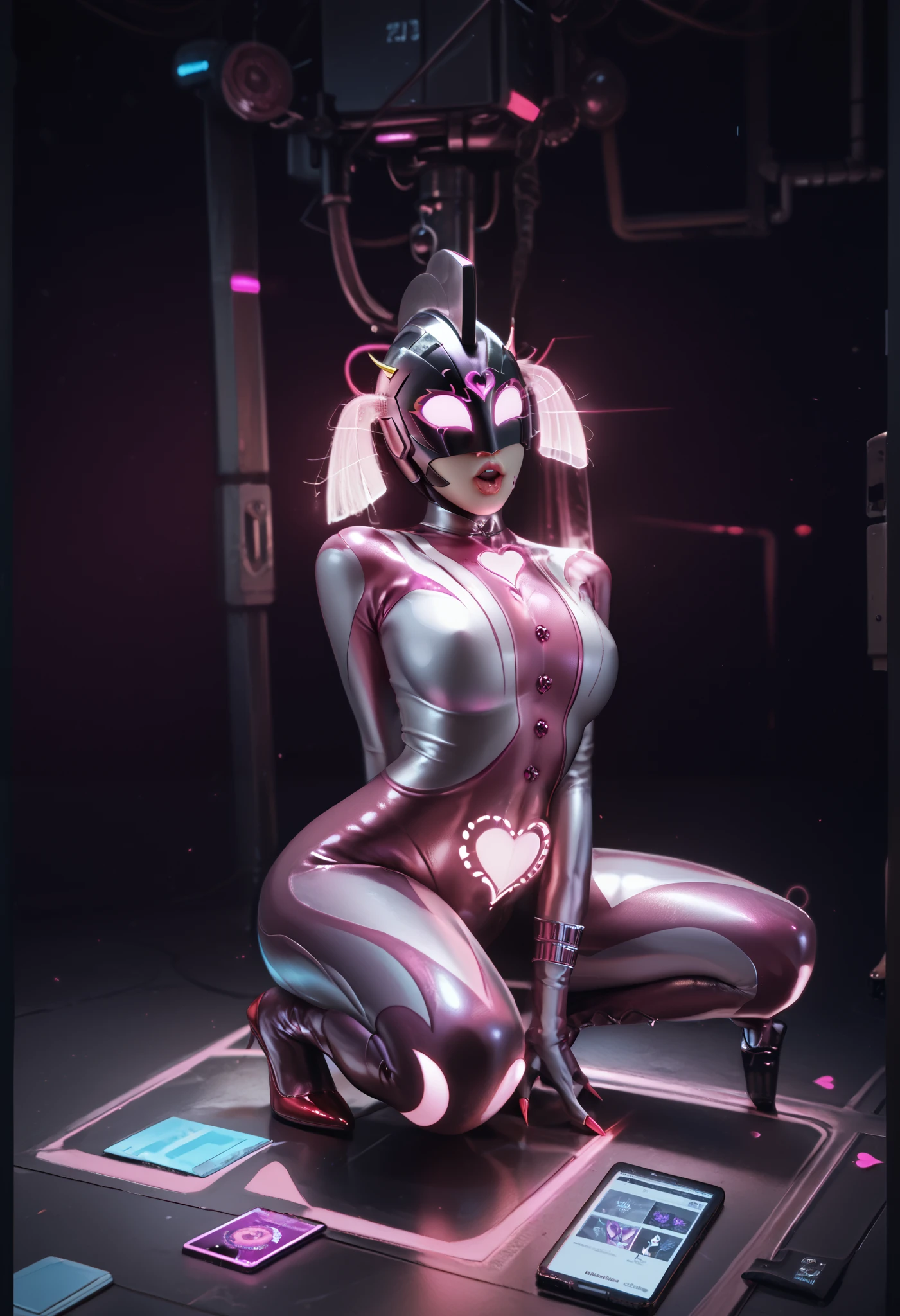 Ultra's dark mother . （ High Quality ）（Gloss）（( black face and red eyeliner )）Black and purple color theme. Black Helmet. Looking up. Squat pose. full face helmet . Pink Line. Purple glowing machine eyes . has her whole body covered in a black bodysuit. thick legs. Spike decoration. Pink Line all over the body. heart tattoo . purple eyes. Pink glowing crystal. Pink sharp claws. night background.
