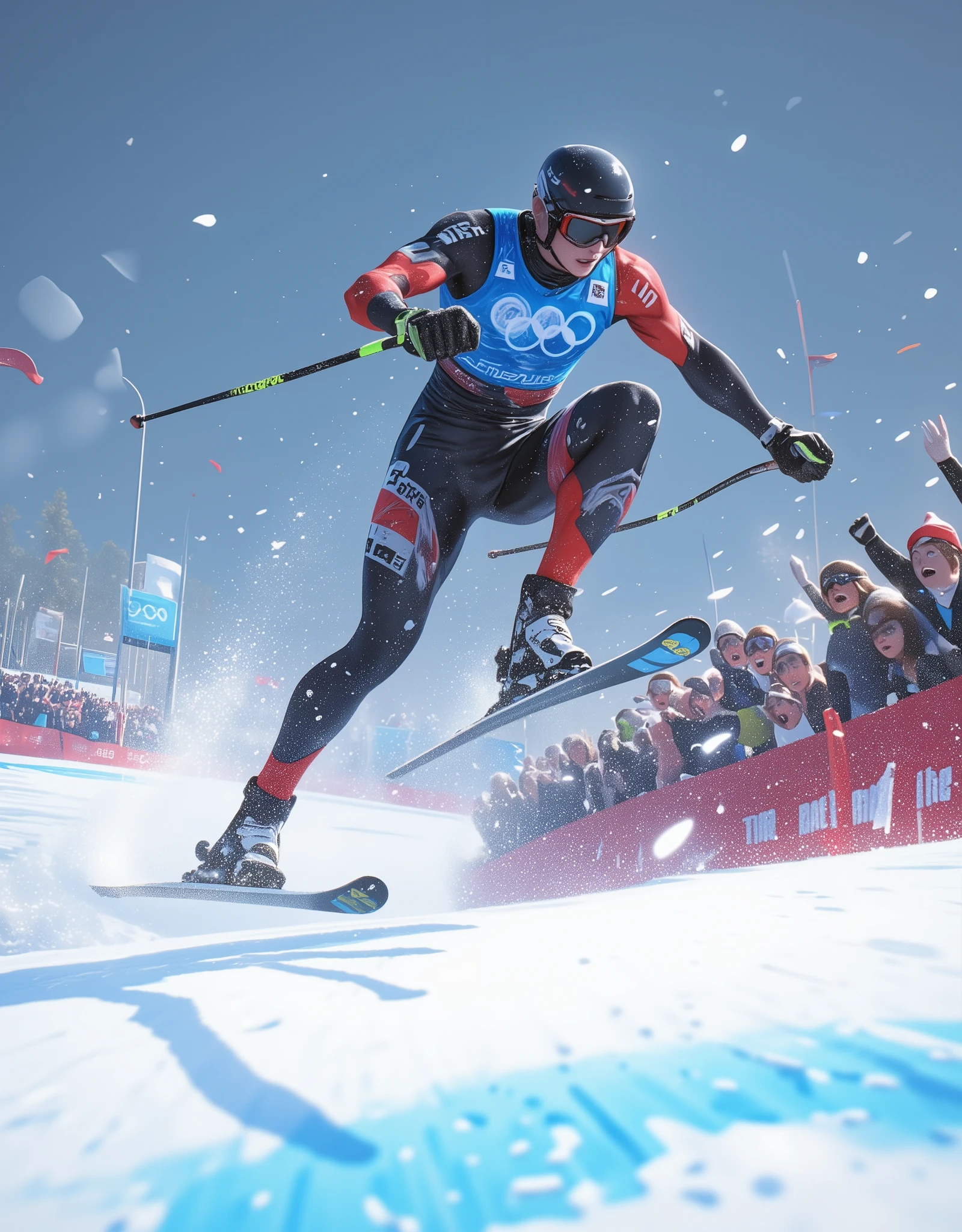 Nordic skiing, Male athlete jumping on a competition course, Snow is falling, Athlete Snapshot ,  lots of spectators , 8k,  high image quality,  high res, 