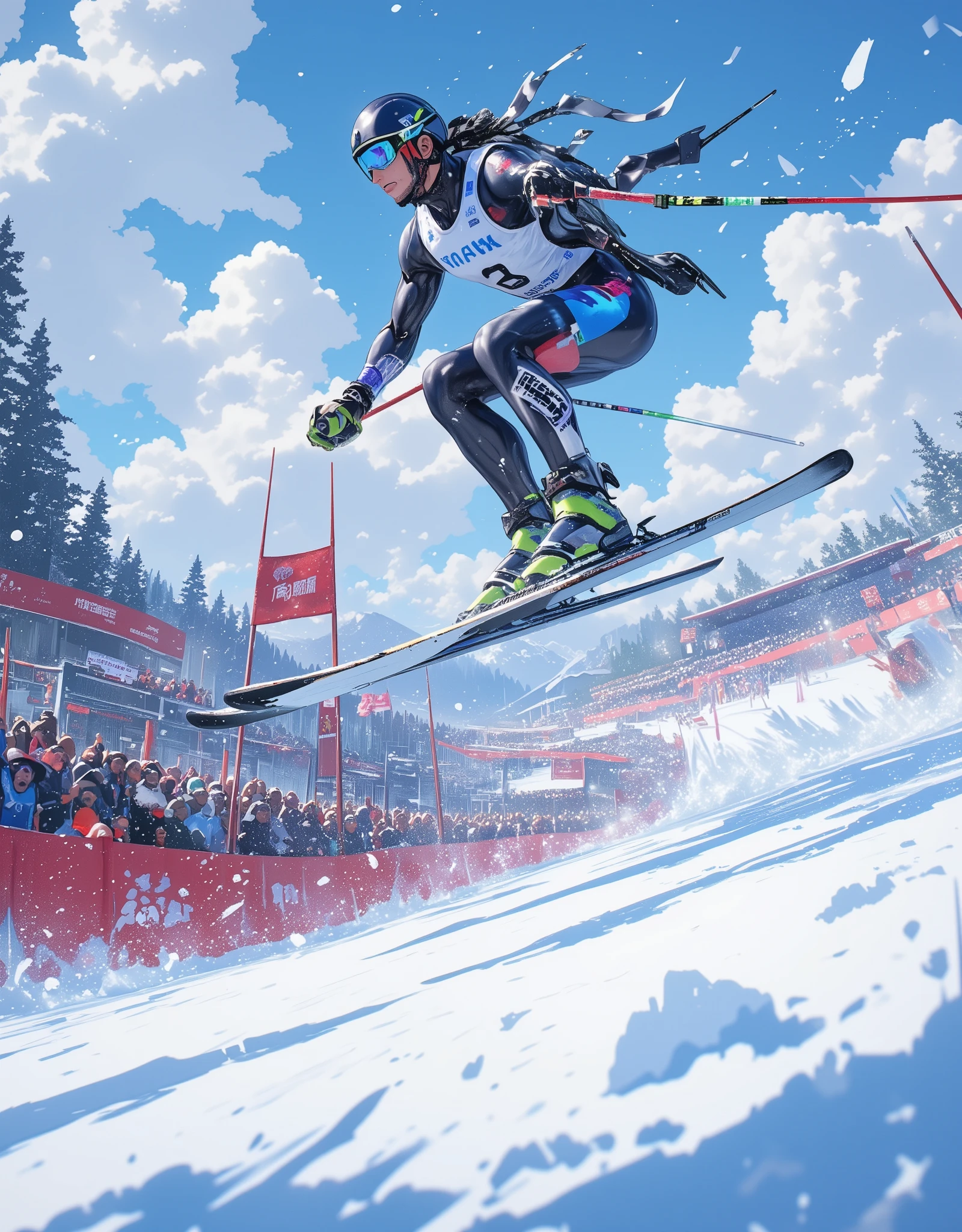 Nordic skiing, Male athlete jumping on a competition course, Snow is falling, Athlete Snapshot ,  lots of spectators , 8k,  high image quality,  high res, 