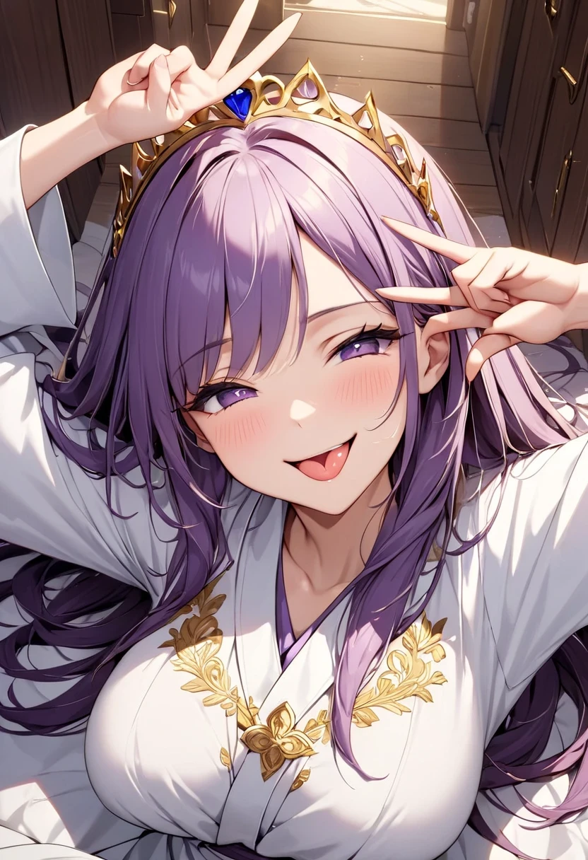 (((Best quality, 8k, Masterpiece: 1.3)), ((best quality)), ((masterpiece)), (detailed), perfect face, V sign, raise your hand high in the air, Raise her hand in the V sign, Saint, white robe, gold embroidery, Smiling, sticking out tongue, top-down composition, wince, longeyelashes, purple hair, long hair, hair over shoulder, tiara, drop shadow, tachi-e, pov, 8k, super detail, best quality