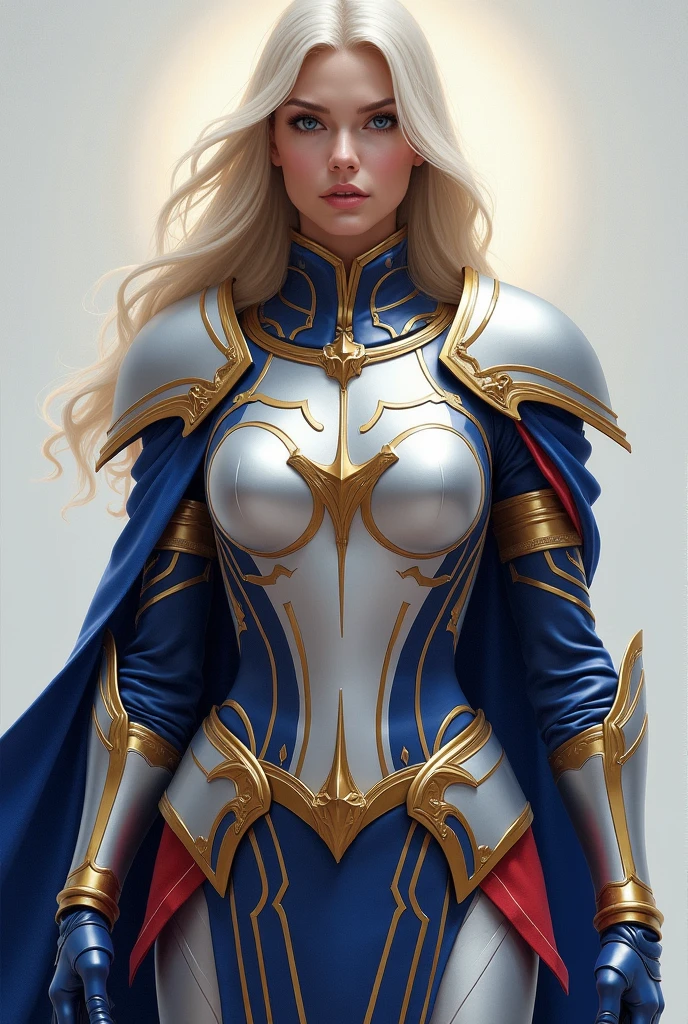 lux, league of legends, long blonde hair, blue eyes, blue tights, full chest armor, shoulder armor, skirt with frills, medium breasts, half body portrait, beautiful, fit body, looking at viewer, very detailed face,