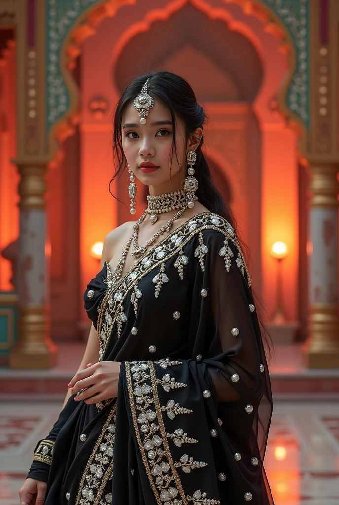 1girl, solo, jewelry, black_hair, necklace, veil, blurry, makeup, blurry_background, realistic, pearl_(gemstone), upper_body, lips, looking_away, looking_to_the_side, brown_eyes, dress, black_eyes, traditional_clothes, portrait