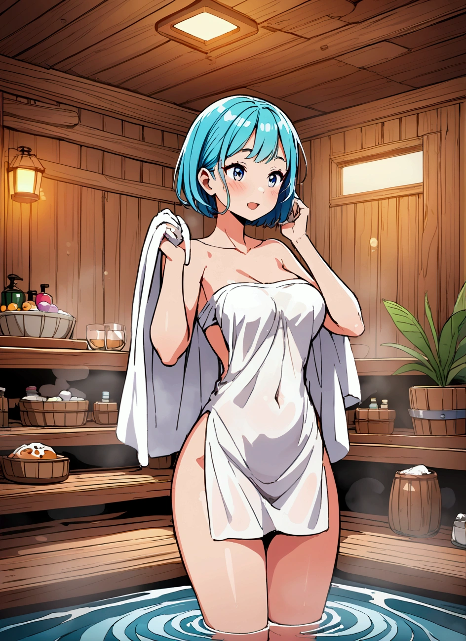 Women, cartoon using a towel in the sauna
