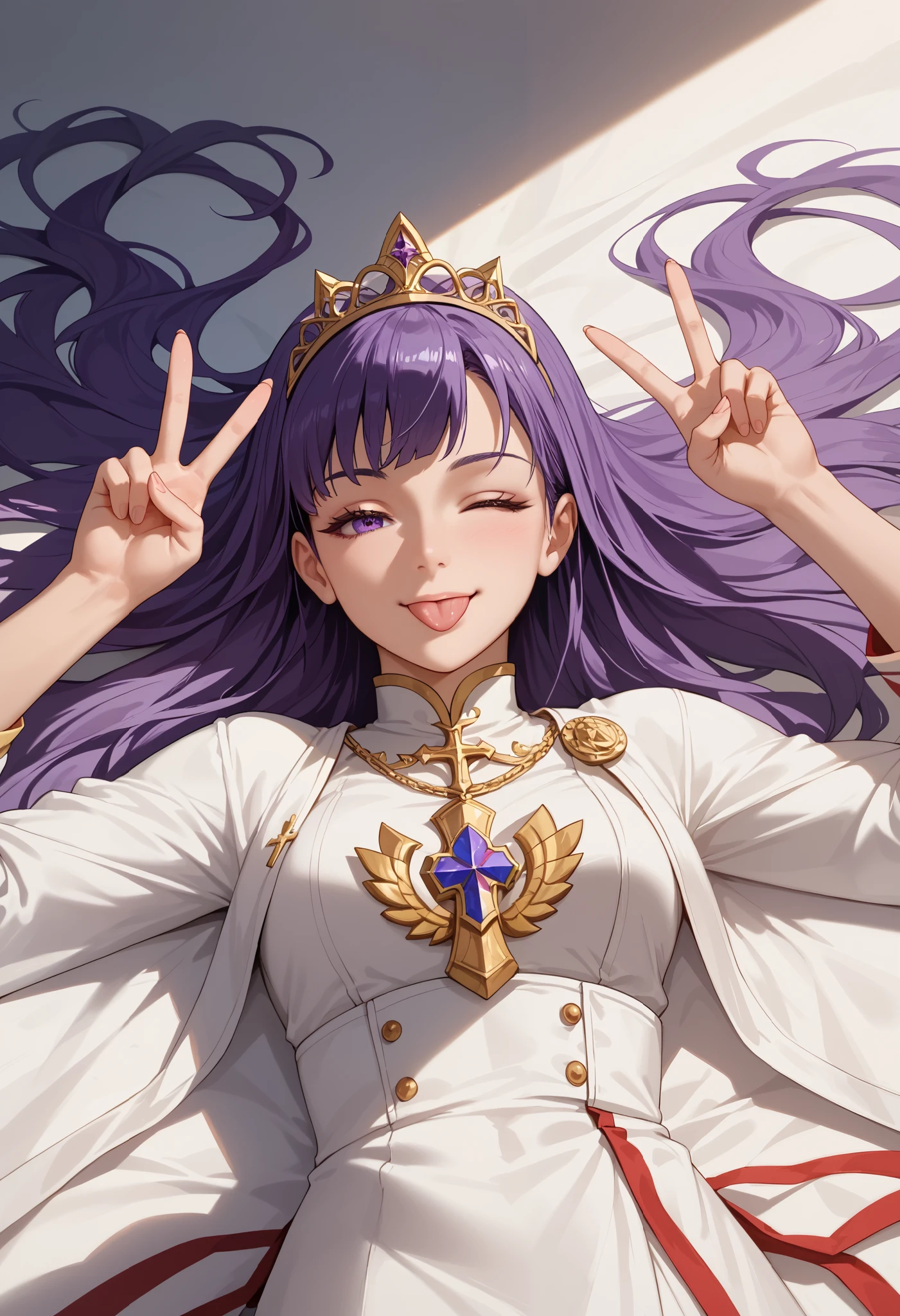 (((Best quality, 8k, Masterpiece: 1.3)), ((best quality)), ((masterpiece)), (detailed), perfect face, V sign, raise your hand high in the air, Raise her hand in the V sign, Saint, white robe, gold embroidery, Smiling, sticking out tongue, top-down composition, wince, longeyelashes, purple hair, long hair, hair over shoulder, tiara, drop shadow, tachi-e, pov, 8k, super detail, best quality