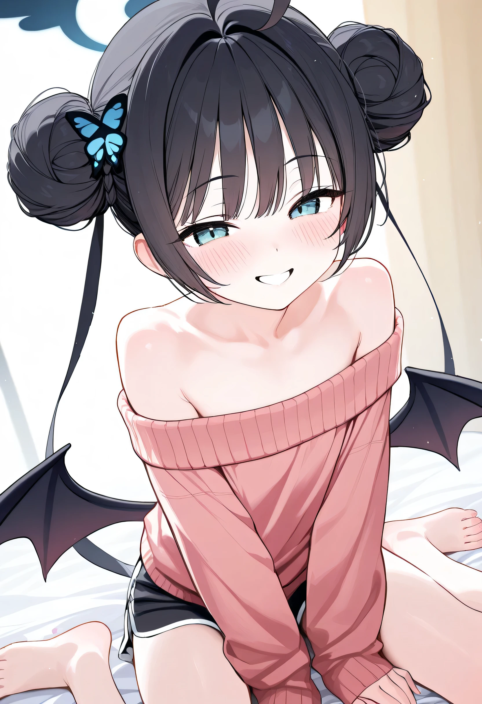 ((Girl with protruding ribs:1.4)、(flat chest:1.3),(skinny body:1.3)、Blushing、To blush、Thick eyes、(( thin:1.3))、Larger clothes, oversized off-shoulder sweater、black Boyshorts, very grin, wariza, Blue Archive, Kisaki