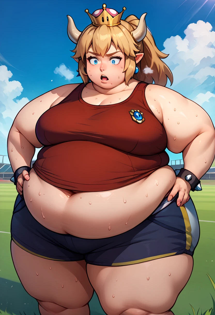 Bowsette,brown hair,blue eyes,blonde ponytail,small crown, number 8 red tanktop, black shorts, midriff, number 8, standing, sweaty, exhausted, hand on hips soccer field, science fiction, outdoors, (insanely detailed, masterpiece, best quality), sweating profusely, exhausted, breathing, open mouth, steam coming out of her mouth, hands on hips, dripping sweat, dripplits of sweat on the floor, puddle of sweat, thick, obese, soft belly, chubby, wide hips, sexy hips, half body, big belly, thicc thighs