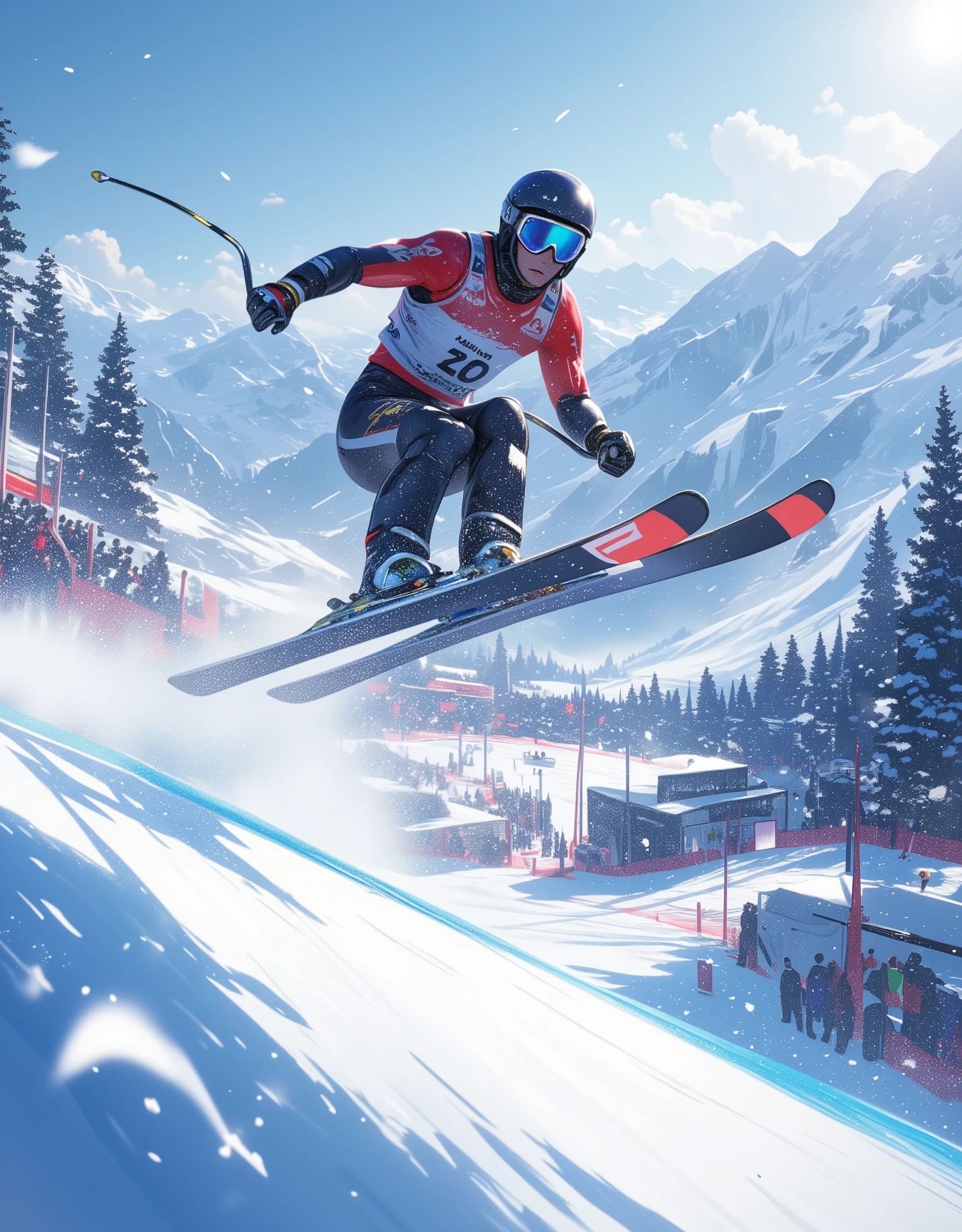 alpine skiing, Male athlete jumping on a competition course, Snow is falling, Athlete Snapshot ,  lots of spectators , 8k,  high image quality,  high res, 