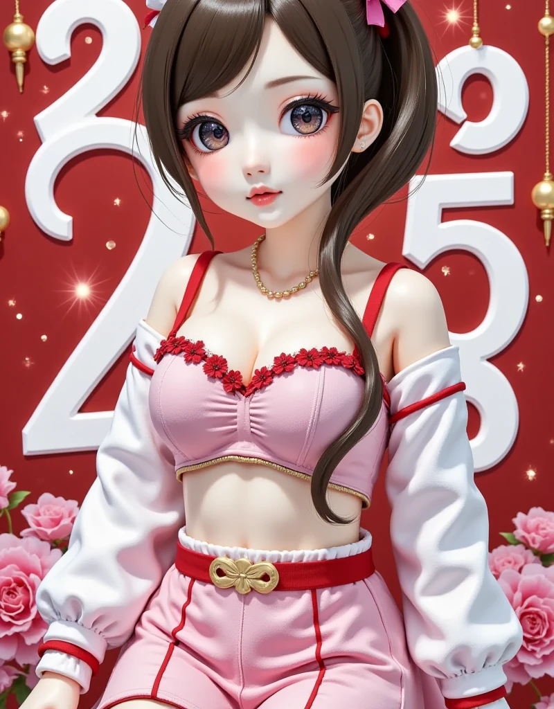 flat illustration poster of anime adult mature-looking slim chinese girl at new year's day,with big excellent designed words"2025",festival atmosphere,