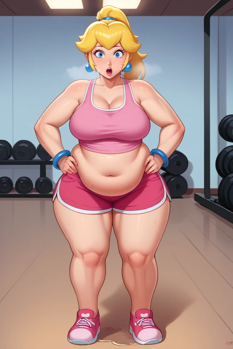 score_9, score_8_up, score_7_up, BREAK, 1girl, solo, princess peach, 1girl, solo, , blonde hair, ponytail, jewelry, bracelet, makeup, casual, cowboy shot, blue eyes, looking at the viewer, large breasts, hands on hips, pink tanktop, sweaty, pink shorts, sweating profusely, open mouth, exhausted, heavy breathing, puddle of sweat on the ground, steam coming out her mouth, gym, indoors, she wears pink shoes, thick, obese, soft belly, chubby, wide hips, sexy hips, full body, big belly, thicc thighs, chubby arms
