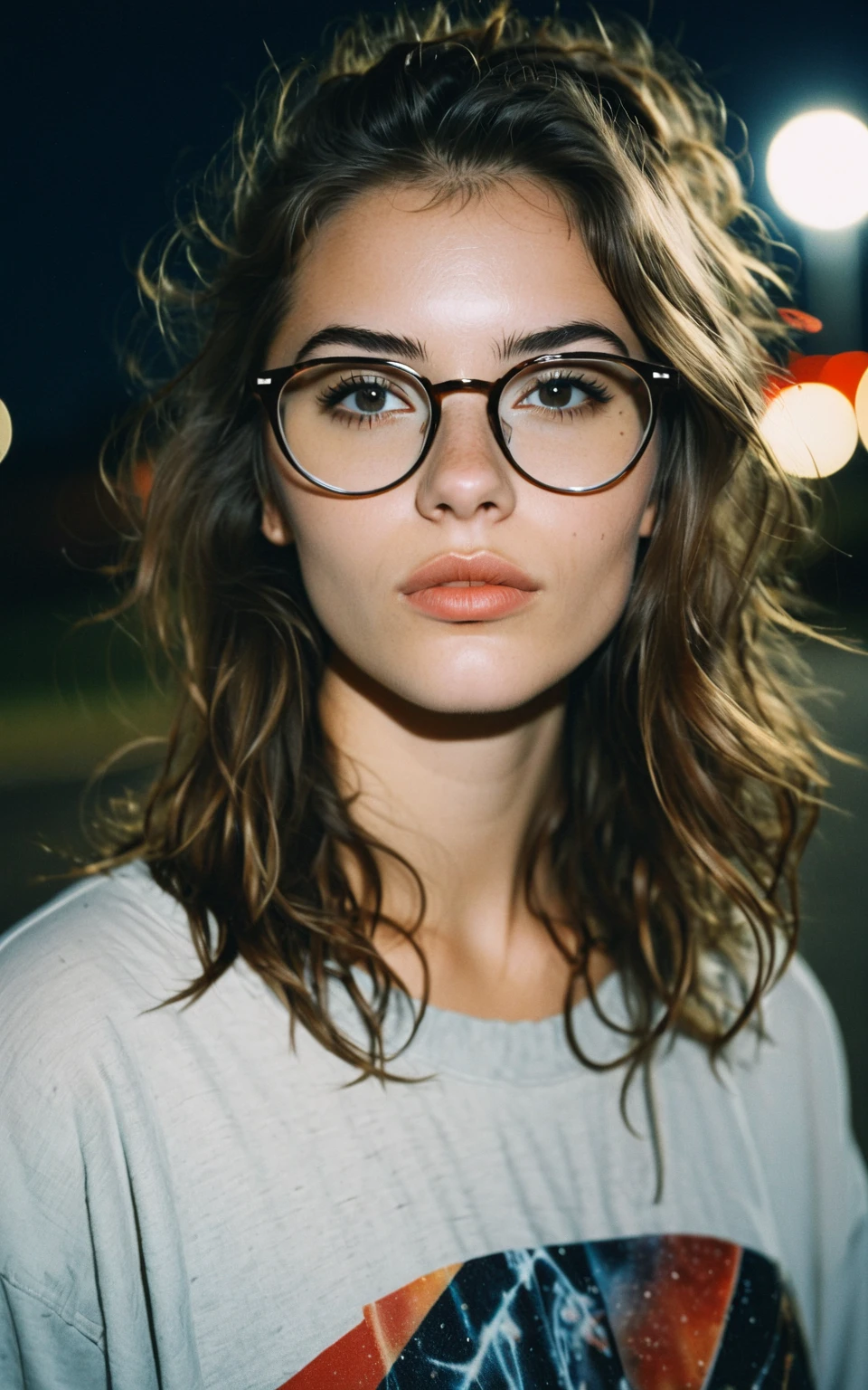 a beautiful 23-year-old woman, light brunette, close-up, girl next door, baggy clothes, makeup, lips, glasses, night, messy hair, film grain, retro, Porta 160 color, shot on ARRI ALEXA 65, sharp focus on subject, Fujifilm XT-3