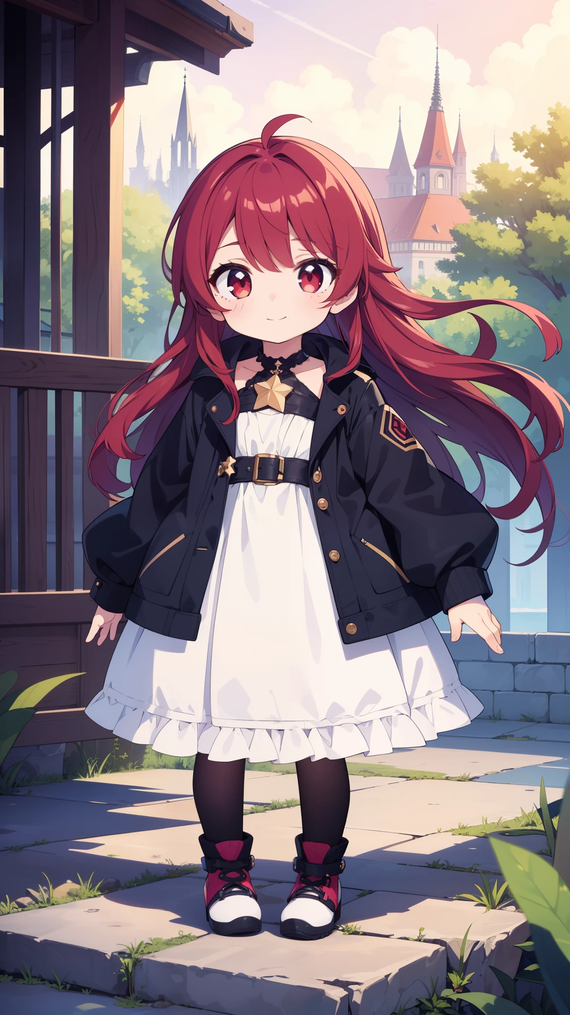 (high-quality, breathtaking),(expressive eyes, perfect face) 1girl, female, solo, , adolescent age, d red color hair, dark red eye color, soft wavy hair, long hair length, cute smile, dress, jacket, honkai star rail art style, soft kind expression, splash art, 4" Height, cute face, like face, calm expression, modern fantasy clothing, adventurers outfit, decals on clothing, jewellery and accessories, symmetricial eyes
