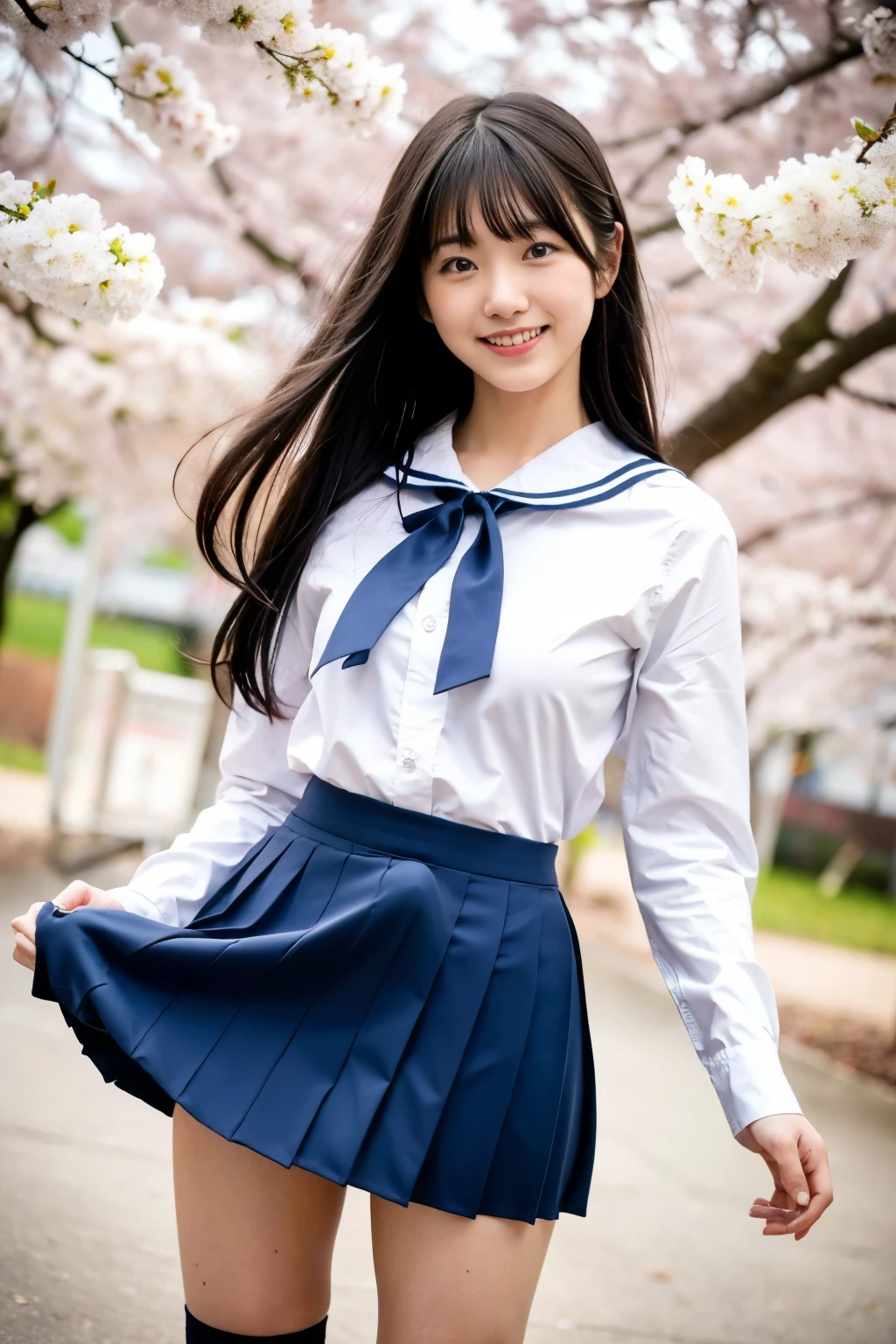  girl jumping in windy cherry blossom trees ,A girl in a long-sleeved navy blue sailor suit 、 with a fluttering pleated skirt , white panties, bow tie,Navy blue high socks,18 years old,bangs, small smile ,Thighs,Knee,Barrett,hair blowing in the wind,Sakura Blizzard,from below, front light , Erection under clothes