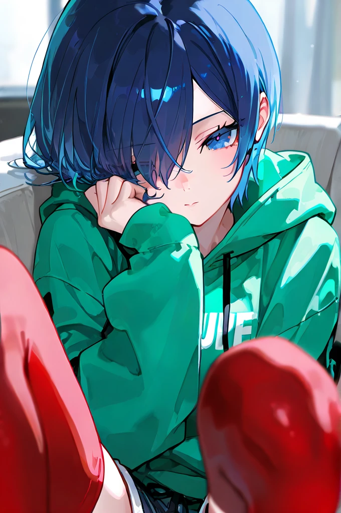 Kirishima toka,  blue hair, Hair on one eye,  Shorthair、 blue eyes, 
masterpiece,  top quality ,  absurd,  upper body,  viewers, green hoodie, shorts, red thighhighs、Wear a hood、