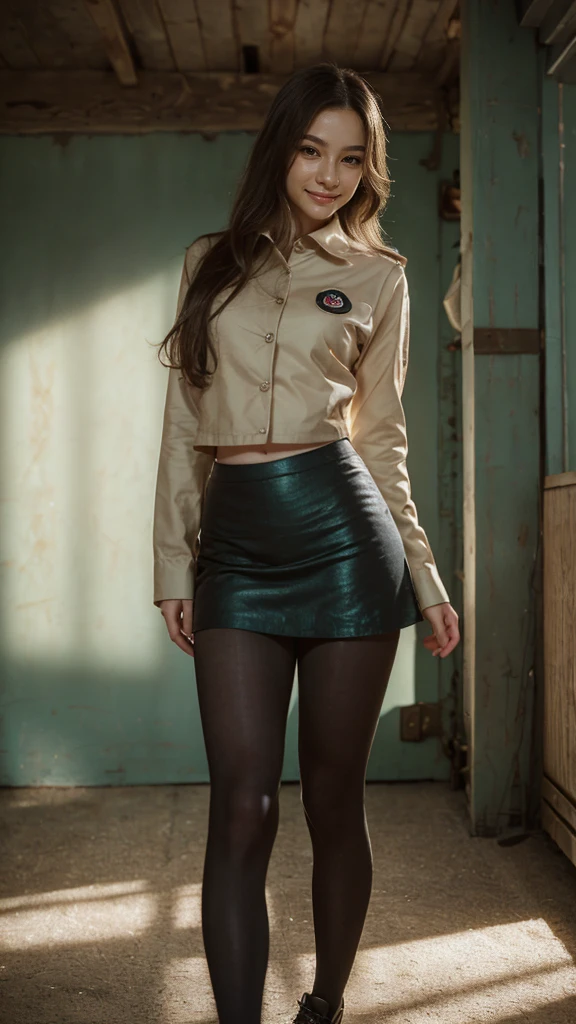 40 year old canadian women with light brunette hair is wearing chauffer uniform and leggings