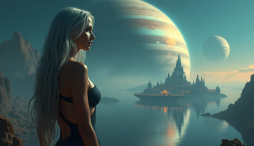 A majestic alien world with a massive gas giant similar to Jupiter dominating the sky, its swirling colors reflected on the surface of a serene alien ocean. A futuristic city built on floating platforms glows with blue and gold lights. In the foreground, In the foreground, a extreme sexy woman in a tight outfit with half open uper part, showing her perfekt breasts with flowing silver hair, The scene is atmospheric, filled with mystery and a sense of adventure.
