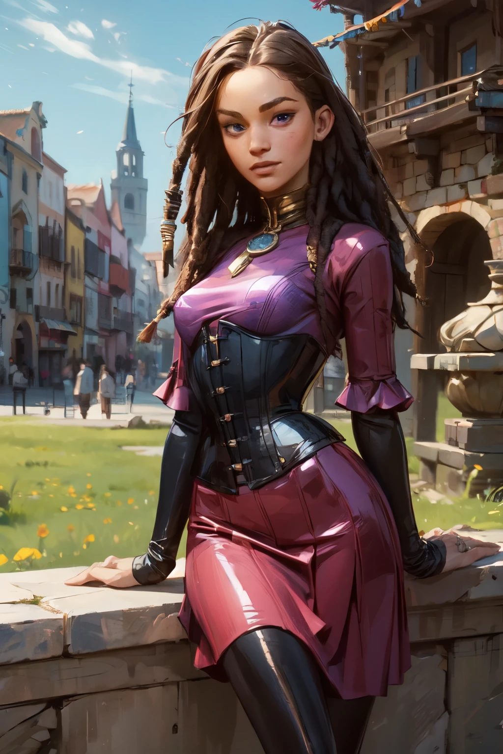 portrait of a young aztec girl that looks like a 18-year-old Jennifer Lawrence in black medieval Spanish leather catsuit with frills, red pinstripes, puffed sleeves and jabot, purple corset and a skater skirt, cute face, toned, mongol girl, pointy chin, big eyes, olive skin, young and beautiful with red eyes and dreadlocks, athletic, smiling, background: medieval Spanish town with flat roofs and flowers, artstyle by Bob Kehl, hdr, D&D artwork style, realistic, sitting on a wall