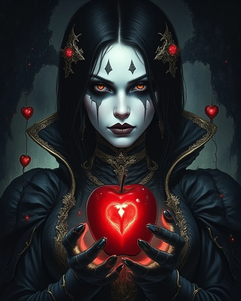 A portrait of a nefarious mischievous Queen Grimhelda with an enigmatic otherworldly glowing red apple in her hands, detailed face, insanely detailed and intricate, ornate, hyper realistic, hyper maximallist, masterpiece professional illustration in Don Lawrence style