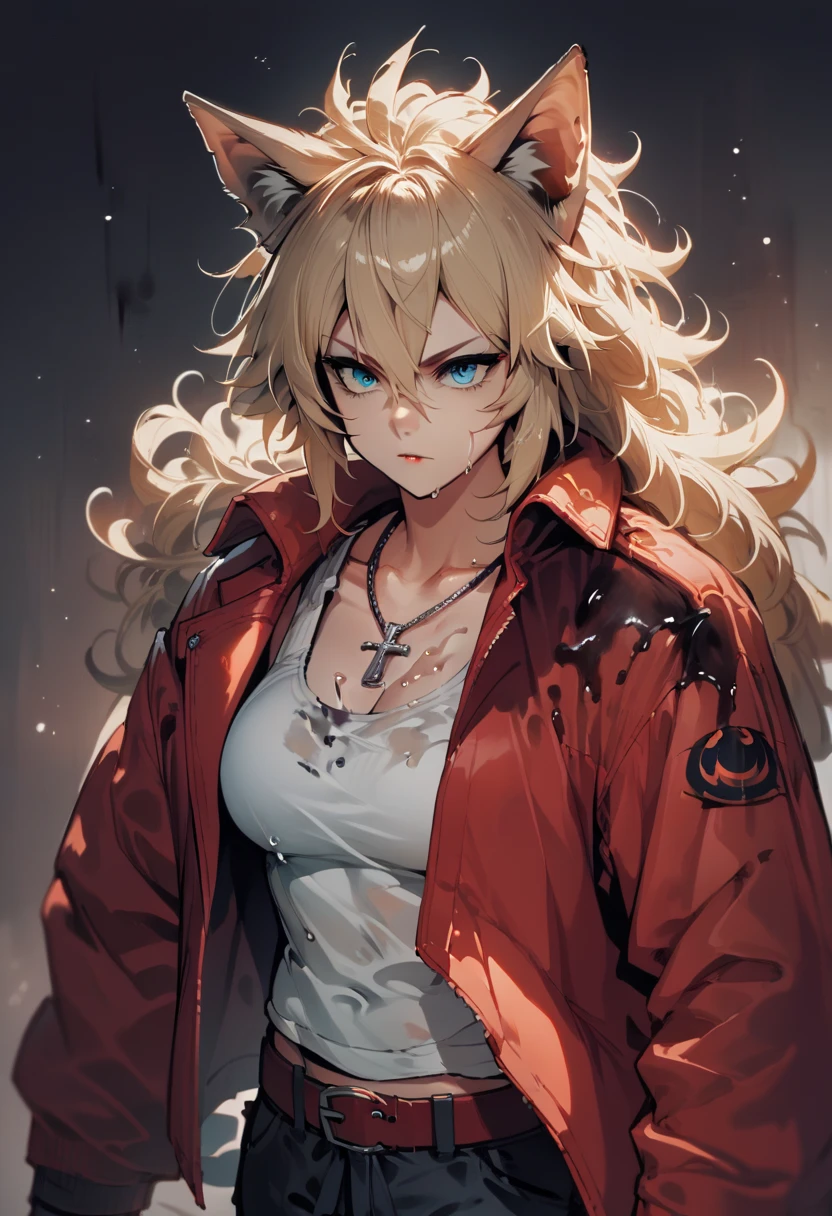 score_9, score_8_up, score_7_up, source_anime, 1woman, A woman, a werewolf woman, light blonde messy long mane, blue eyes, light skin, blue eyes, buff frame, strong, messy clothes, white tank top, baggy pants, tomboy, jacket, wolf ears, night time, red belt, a cross necklace around her neck, bust, strong arms, dynamic pose, Oil painting finish, aid210,
